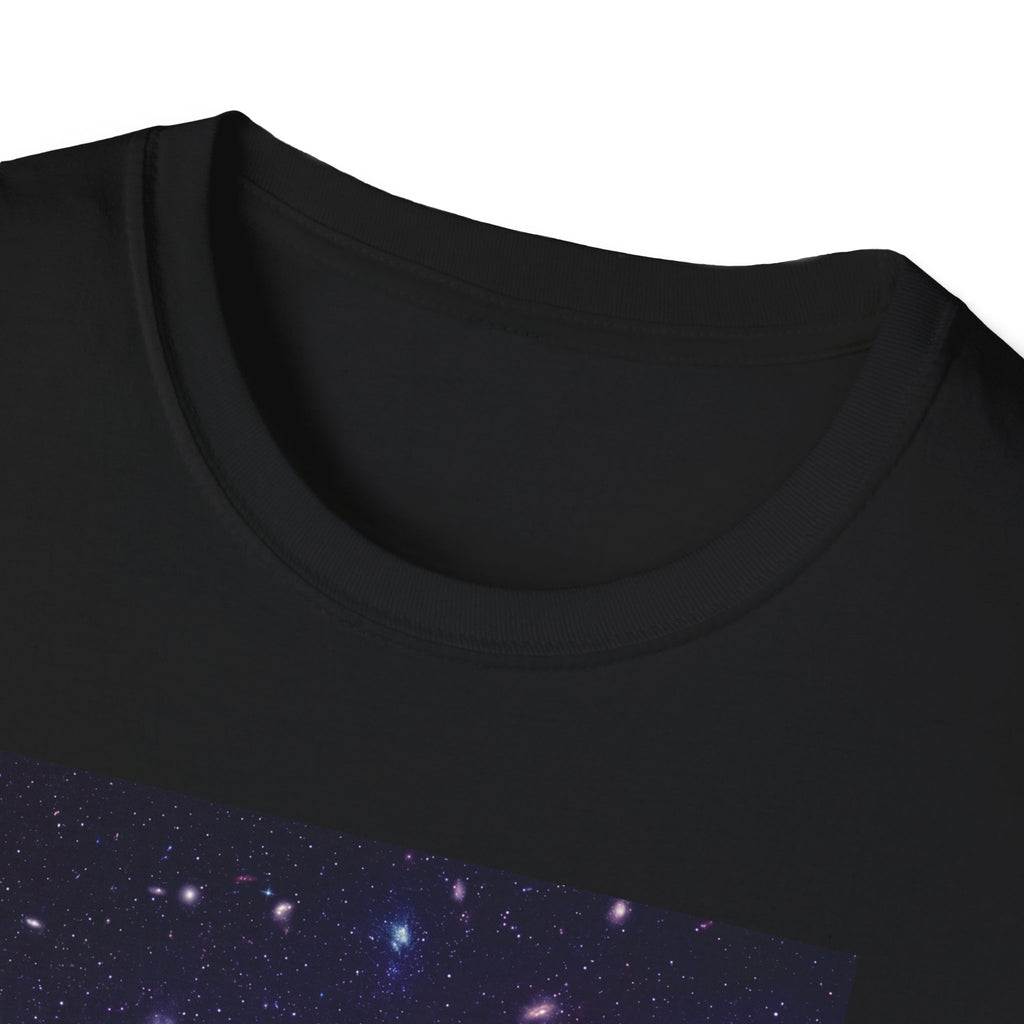 Black crew-neck T-shirt with galaxy skull print (space spiral detail)