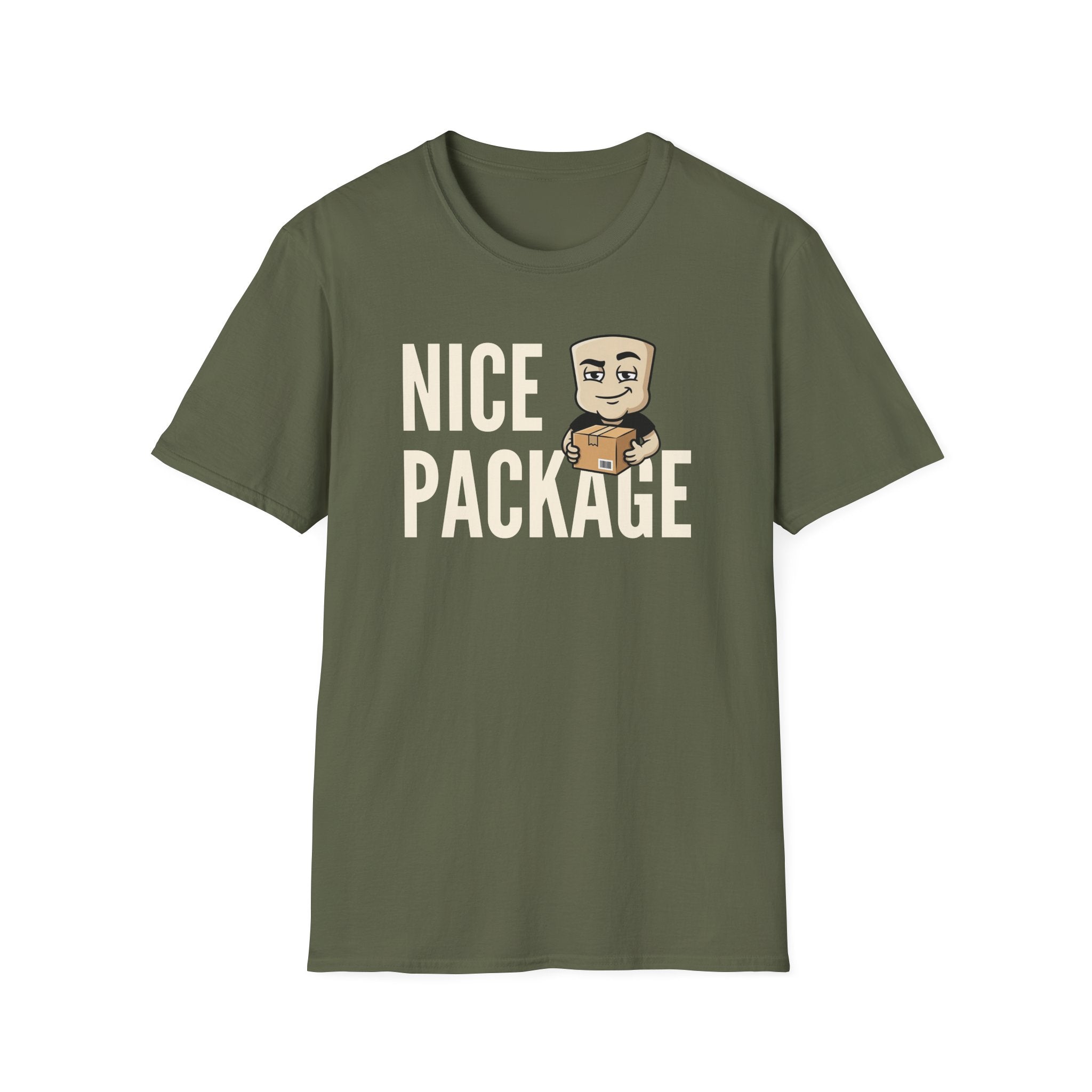 Military green T-shirt with 'NICE PACKAGE' graphic of a delivery worker holding a box