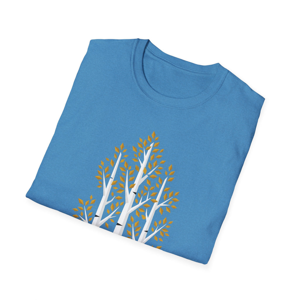 Blaues T-Shirt, Vorderdruck mit Bäumen und goldenen Herbstblättern