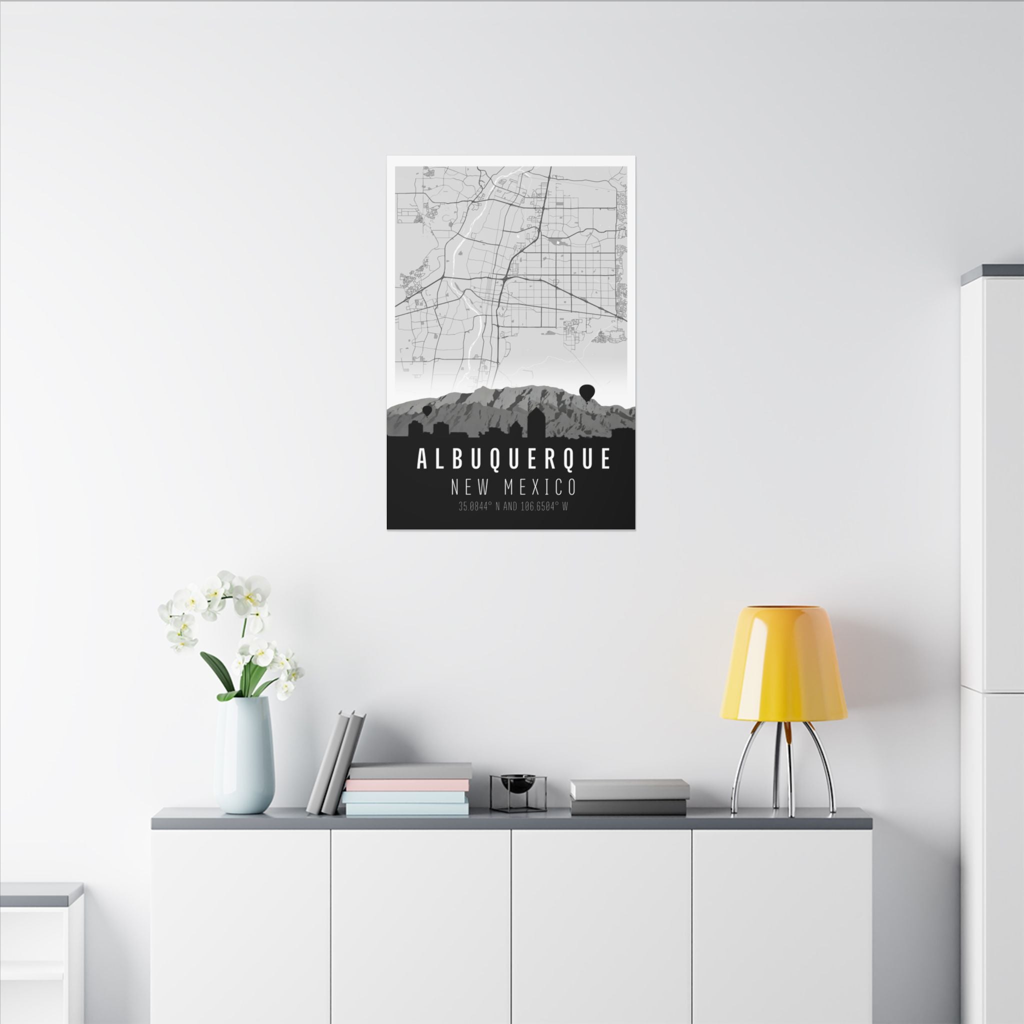 Albuquerque New Mexico map canvas centered, skyline foreground and coordinate text