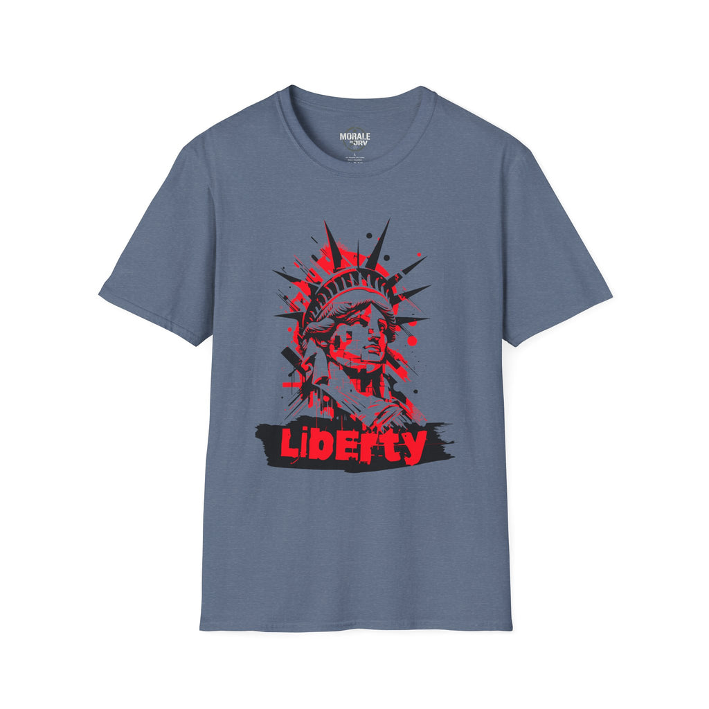 Liberty Statue graphic T-shirt, blue heather; red-and-black “Liberty” chest graphic
