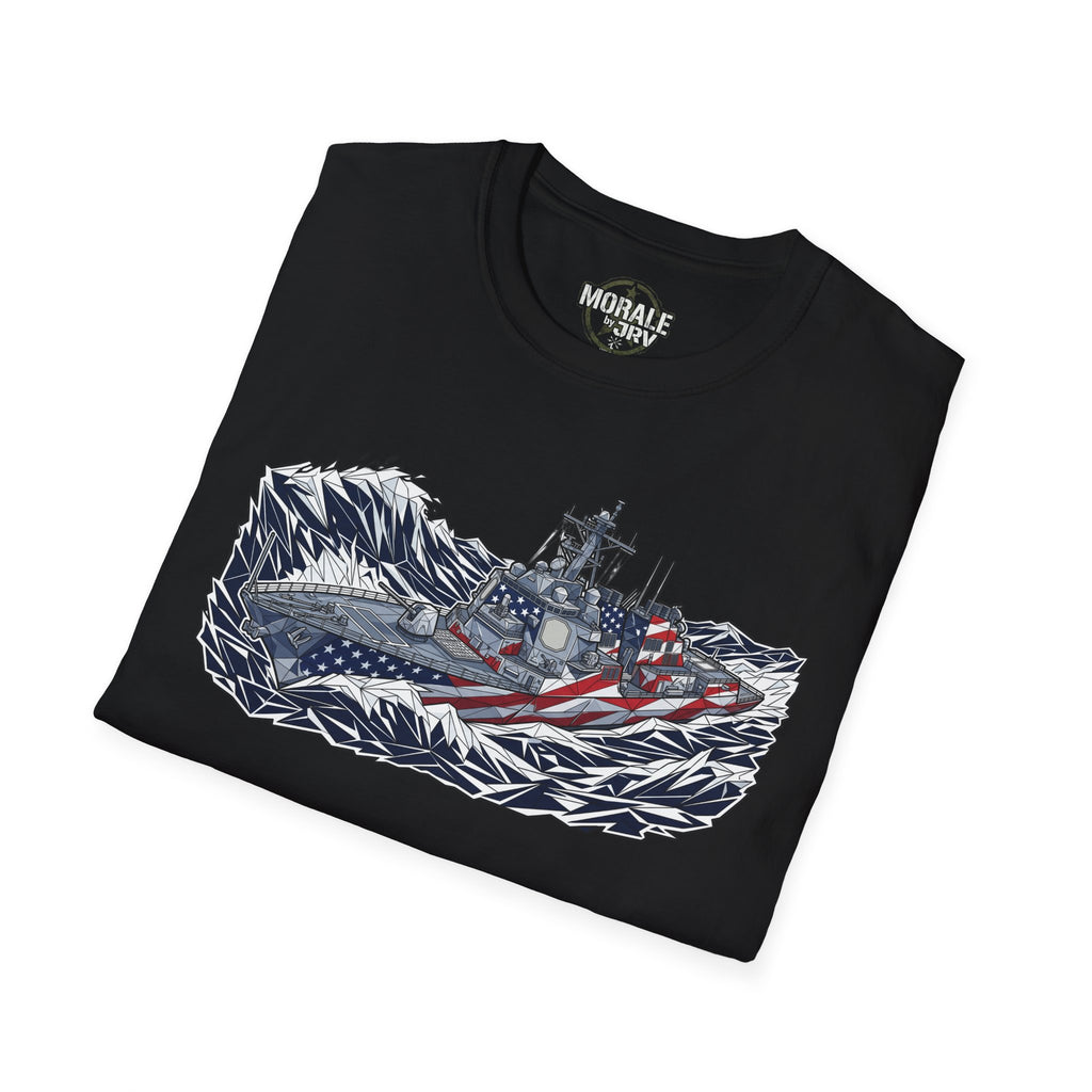 American flag battleship T-shirt on black tee with navy ship graphic and stars stripes