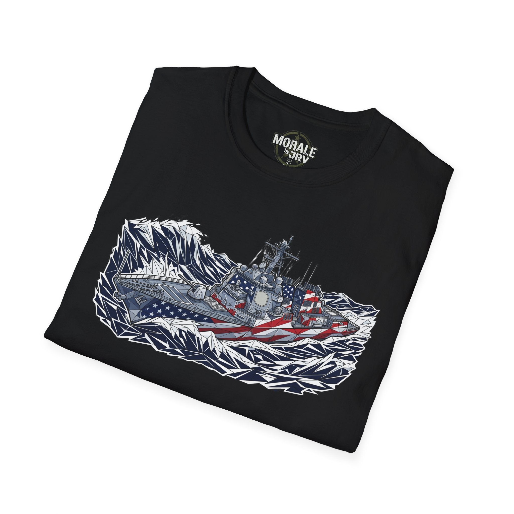 American flag battleship T-shirt on black tee with navy ship graphic and stars stripes