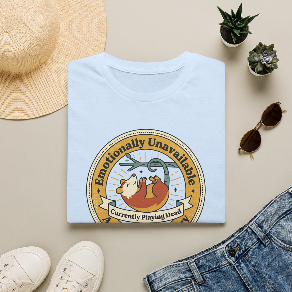 Light blue sloth graphic T-shirt with round "Currently Playing Dead" logo