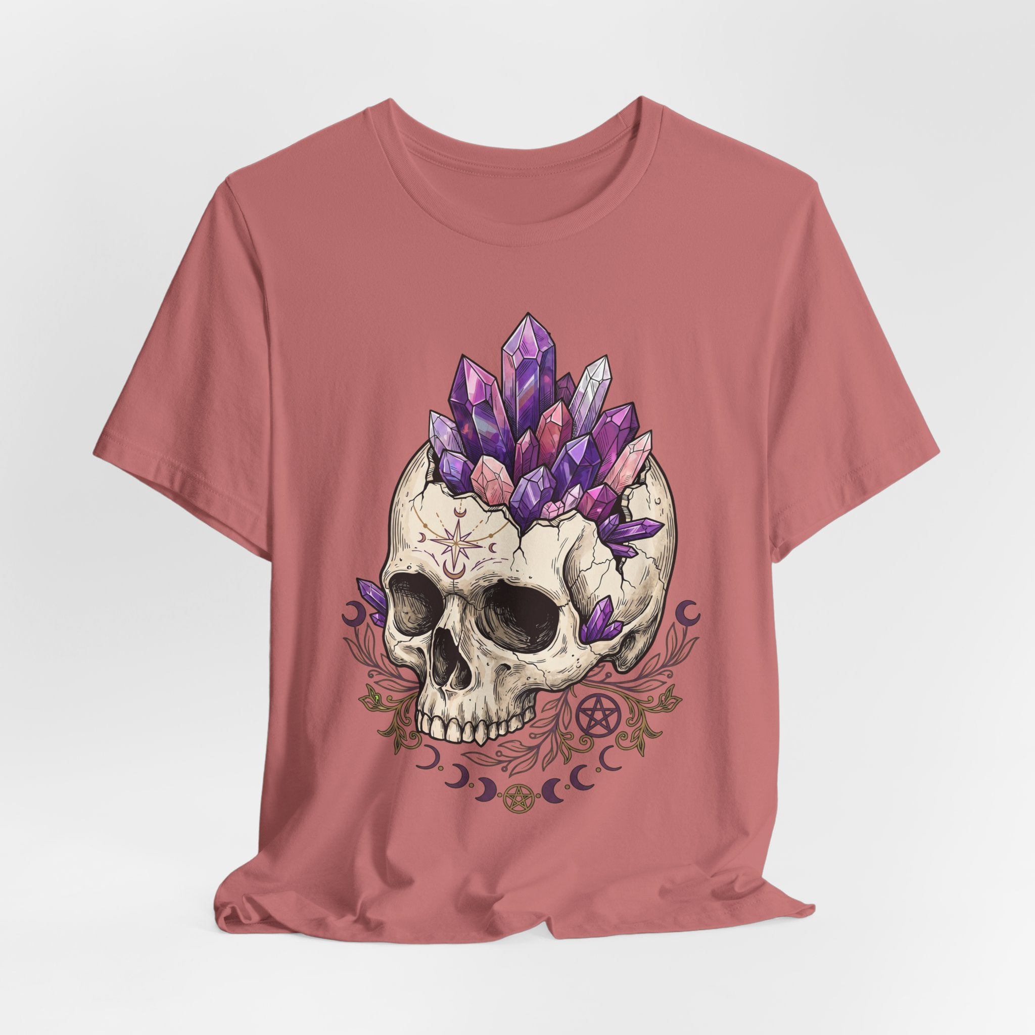 Amethyst crystal skull T-shirt in maroon, full purple crystal skull with symbols