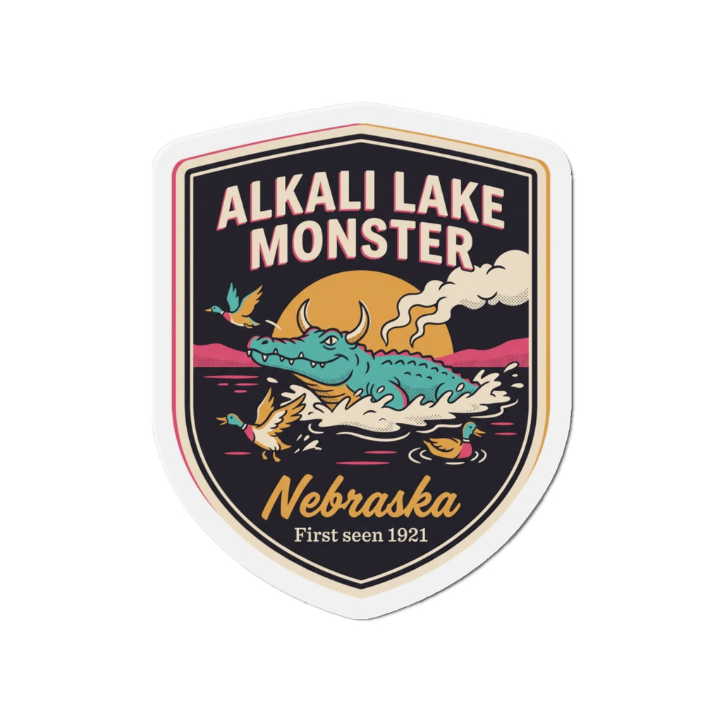 Shield-shaped die-cut magnet showing the Alkali Lake Monster design with “Nebraska” name