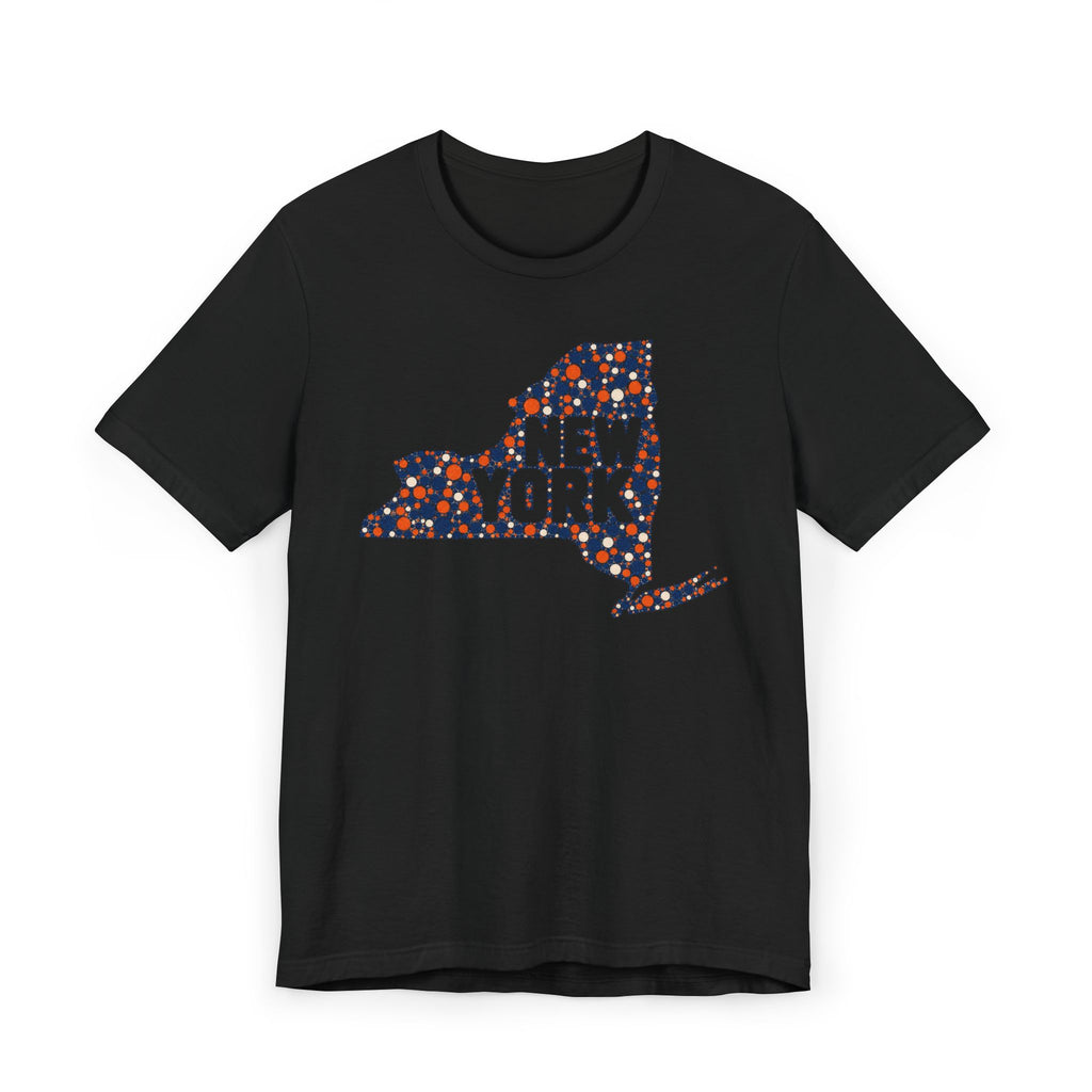 Black short-sleeve t-shirt with colorful New York state outline graphic