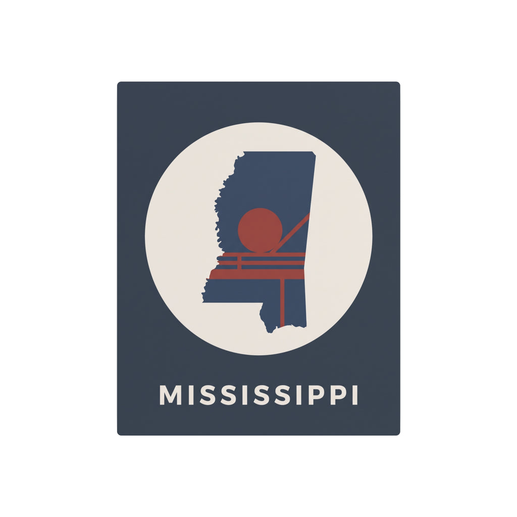 Mississippi metal art sign with circular state silhouette, retro red stack design, “MISSISSIPPI”.