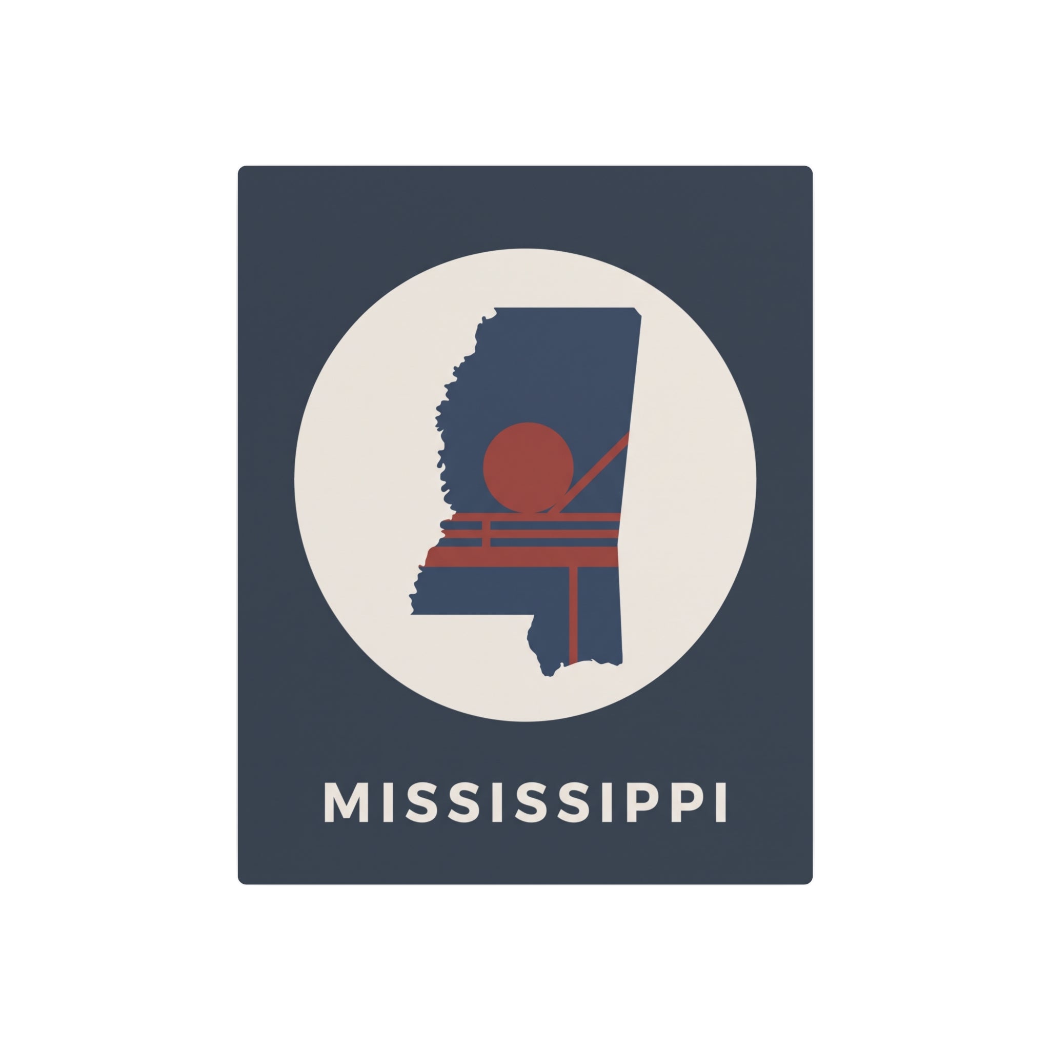 Mississippi metal art sign with circular state silhouette, retro red stack design, “MISSISSIPPI”.