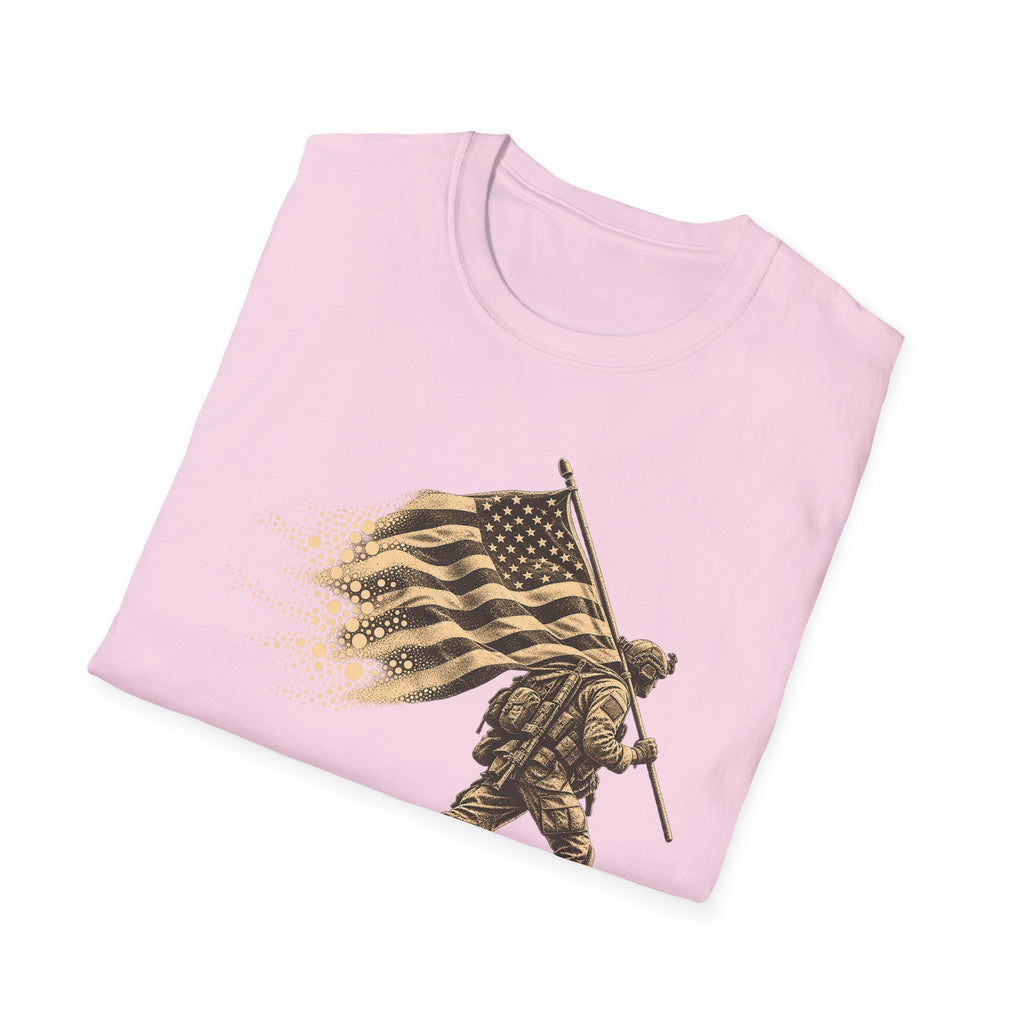 Light pink T-shirt with patriotic soldier graphic holding an American flag on front