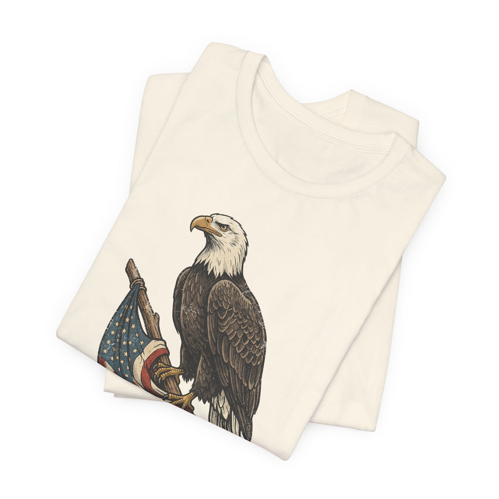 Light beige crewneck t-shirt with vintage eagle and American flag graphic on front