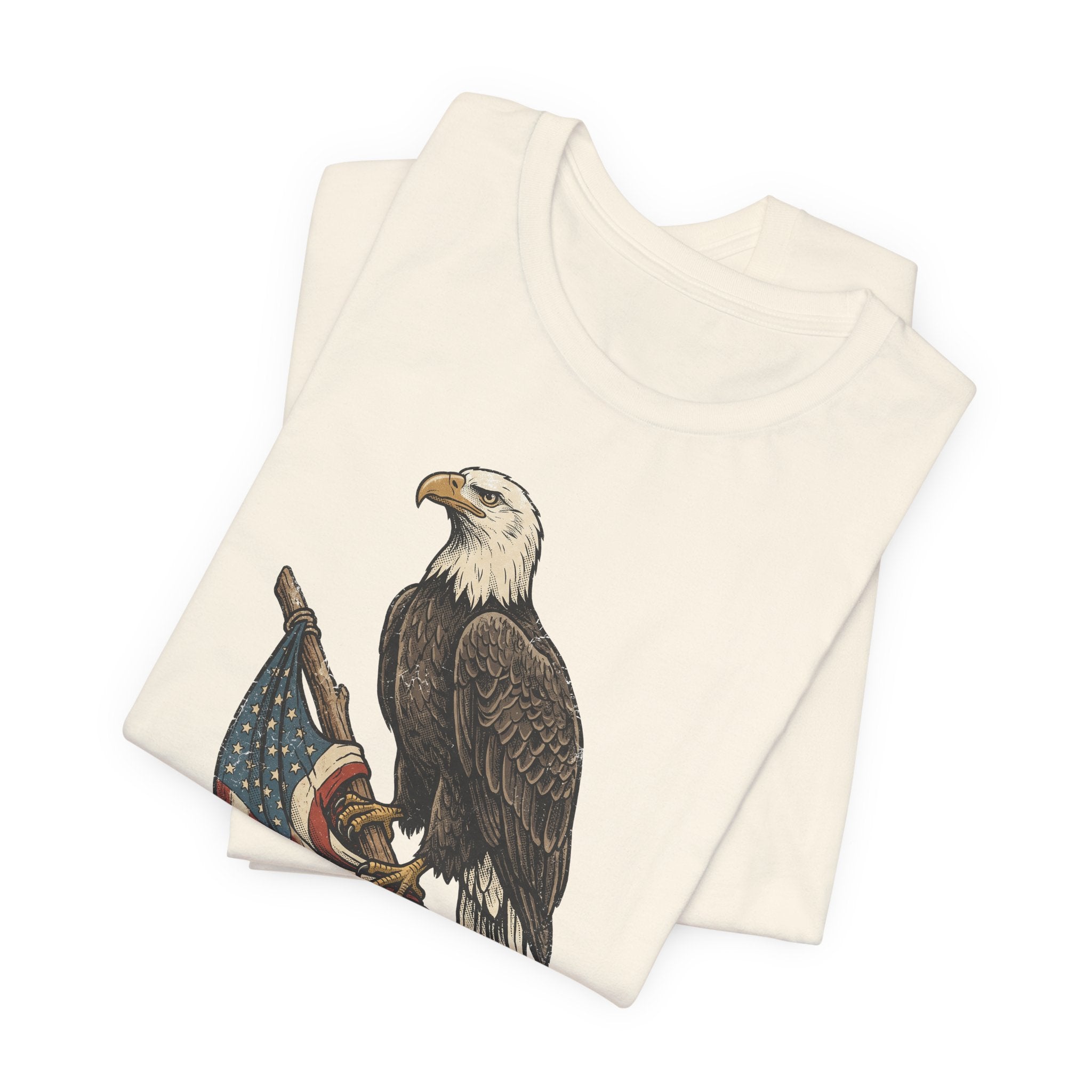 Light beige crewneck t-shirt with vintage eagle and American flag graphic on front