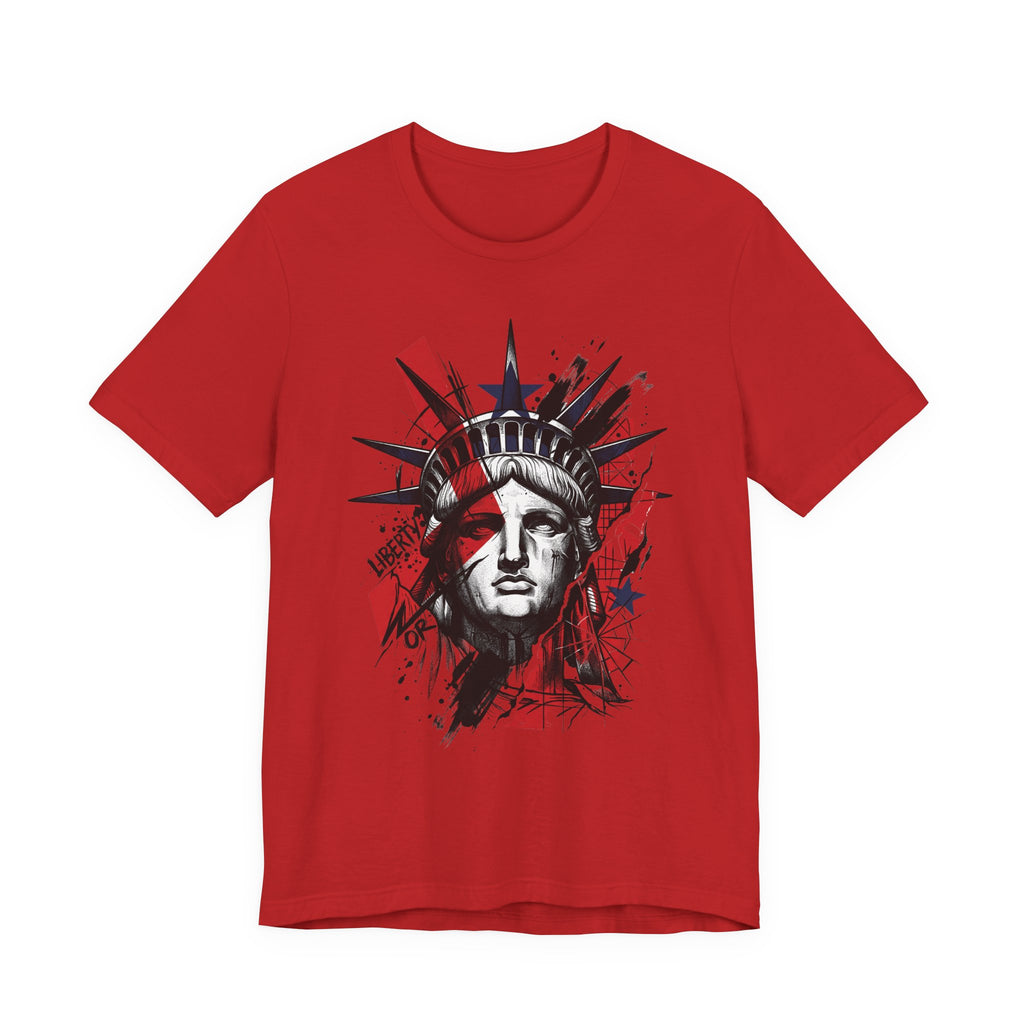 Red graphic T-shirt with Statue of Liberty head illustration in red and black