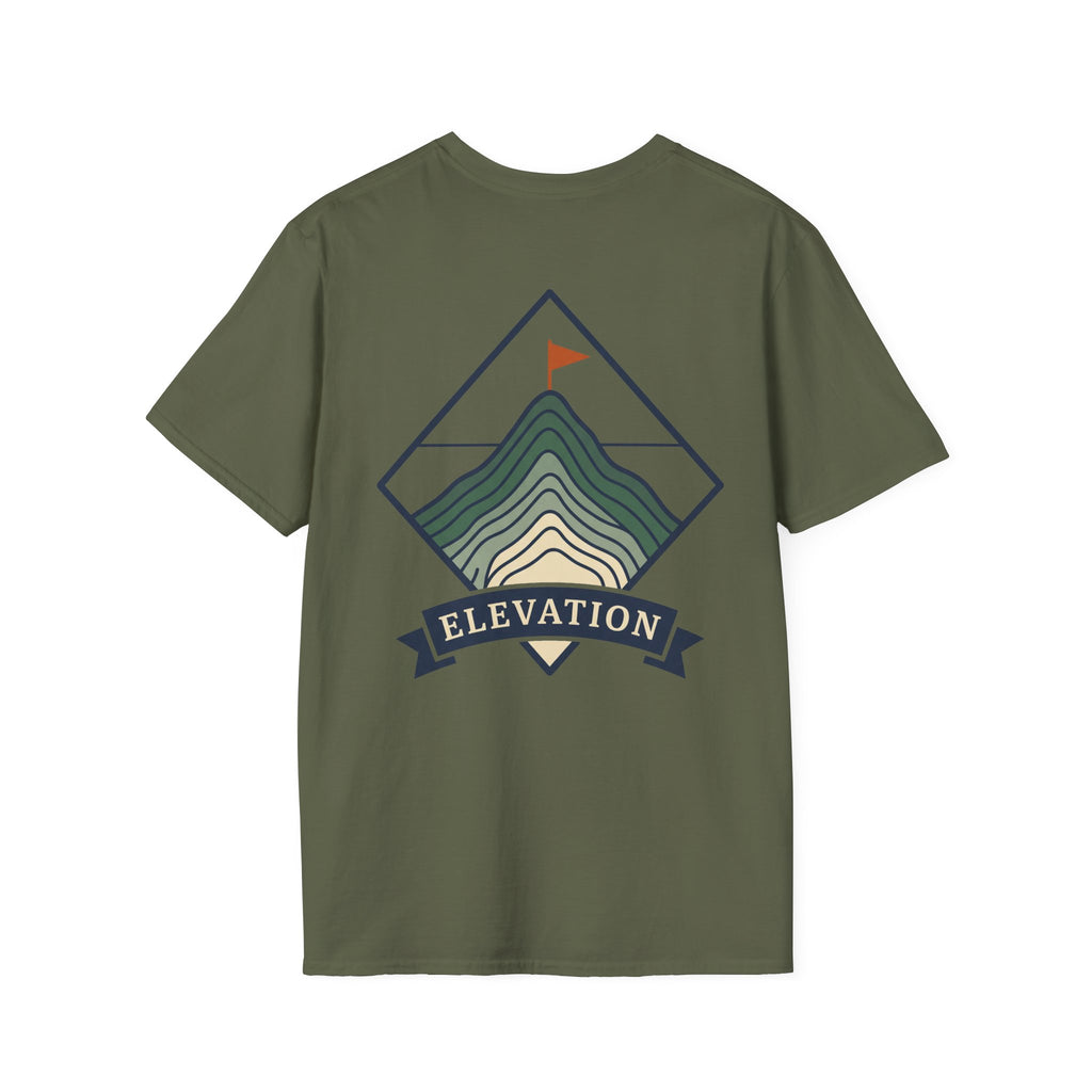 Olive green unisex T-shirt with mountain elevation badge graphic and striped peak lines