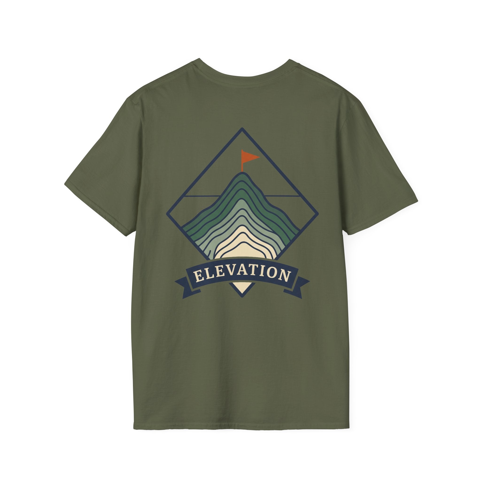 Olive green unisex T-shirt with mountain elevation badge graphic and striped peak lines