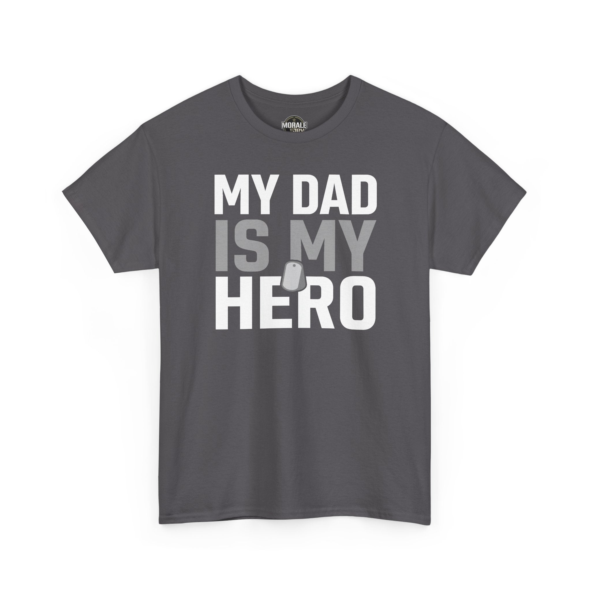 Charcoal T-shirt with 'MY DAD IS MY HERO' dog tag graphic on front