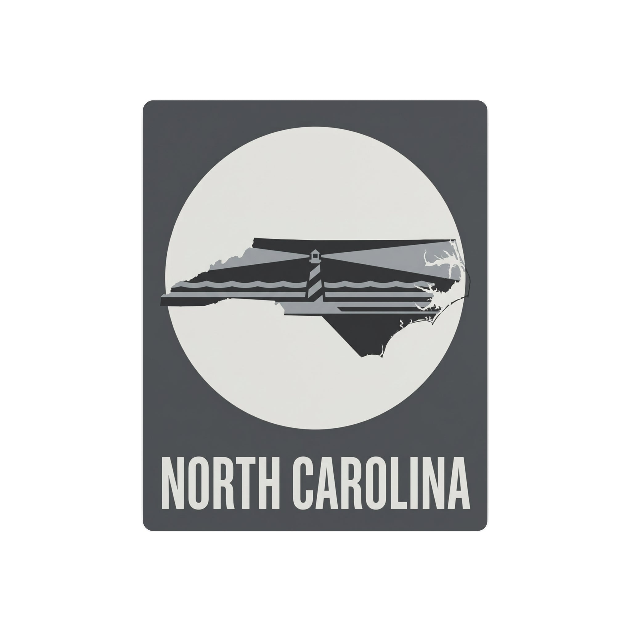 Dark gray North Carolina lighthouse metal wall sign with white state and “NORTH CAROLINA”