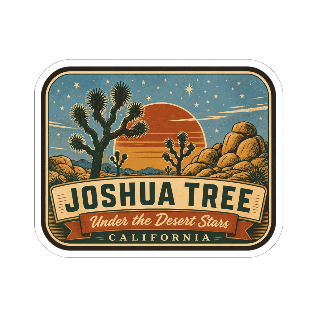 Joshua Tree sticker with blue night sky, crescent sunset, desert rocks, and “California” label.