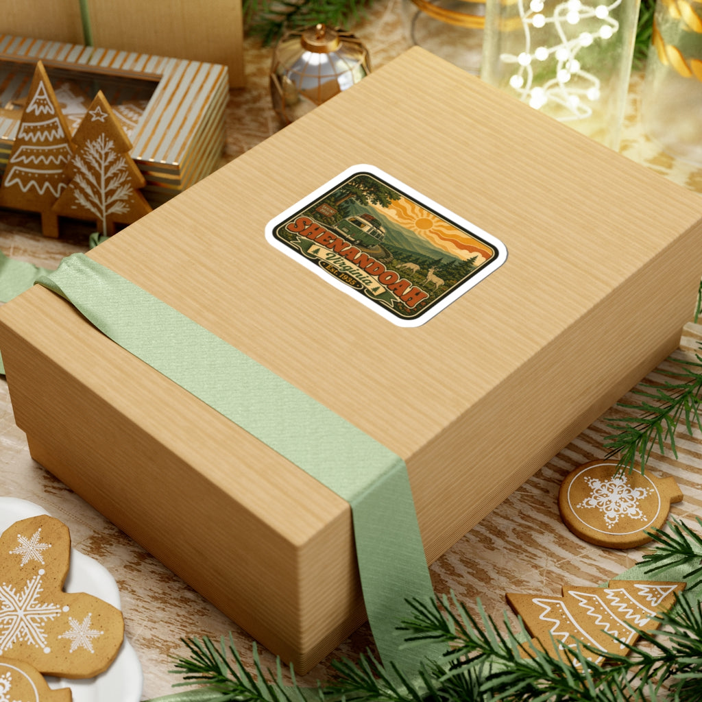 Kiss-cut sticker on a gift box ribbon: rounded border with retro green van and "Shenandoah" title