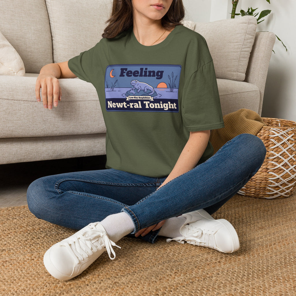 Military green crew-neck T-shirt with blue newt graphic on the front