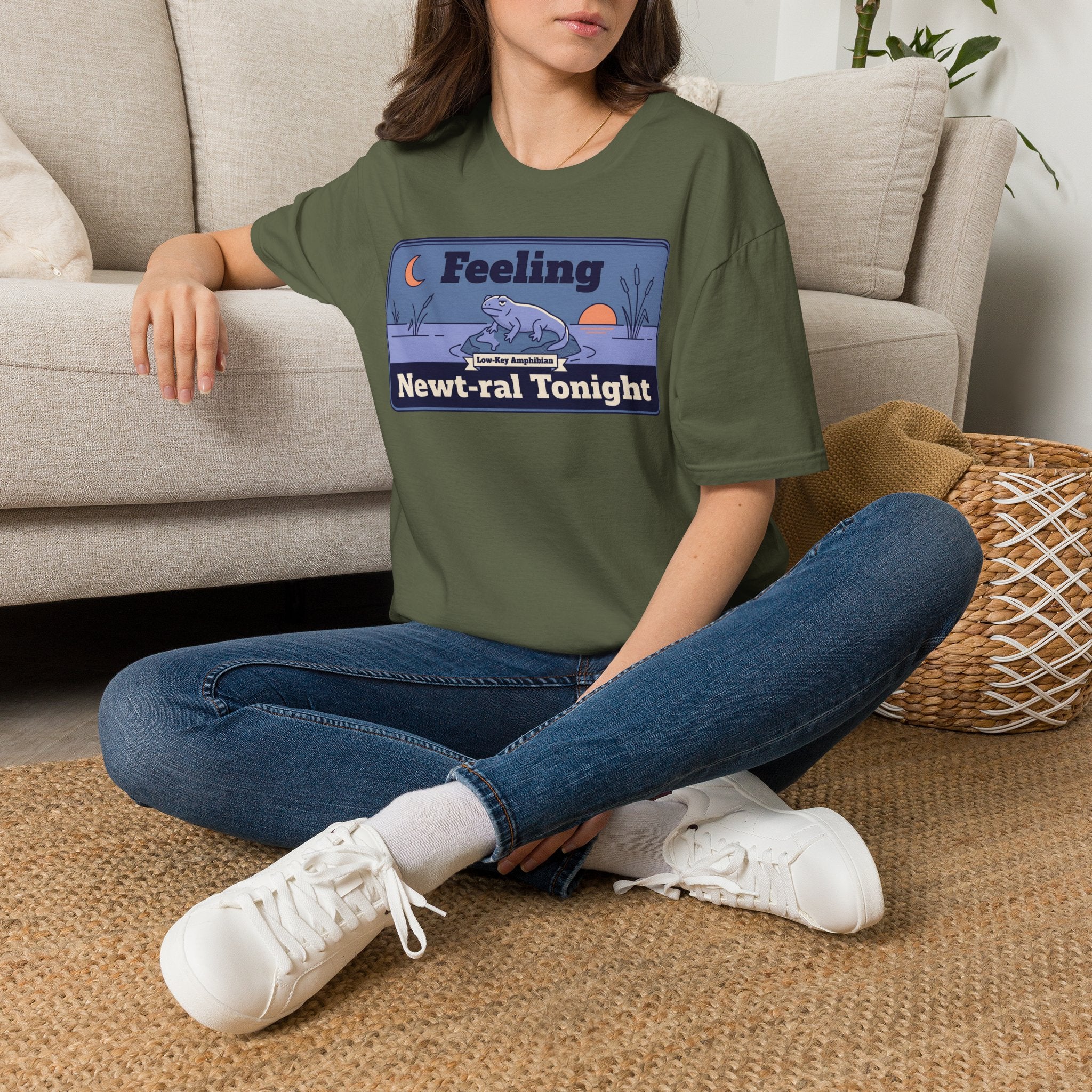 Military green crew-neck T-shirt with blue newt graphic on the front