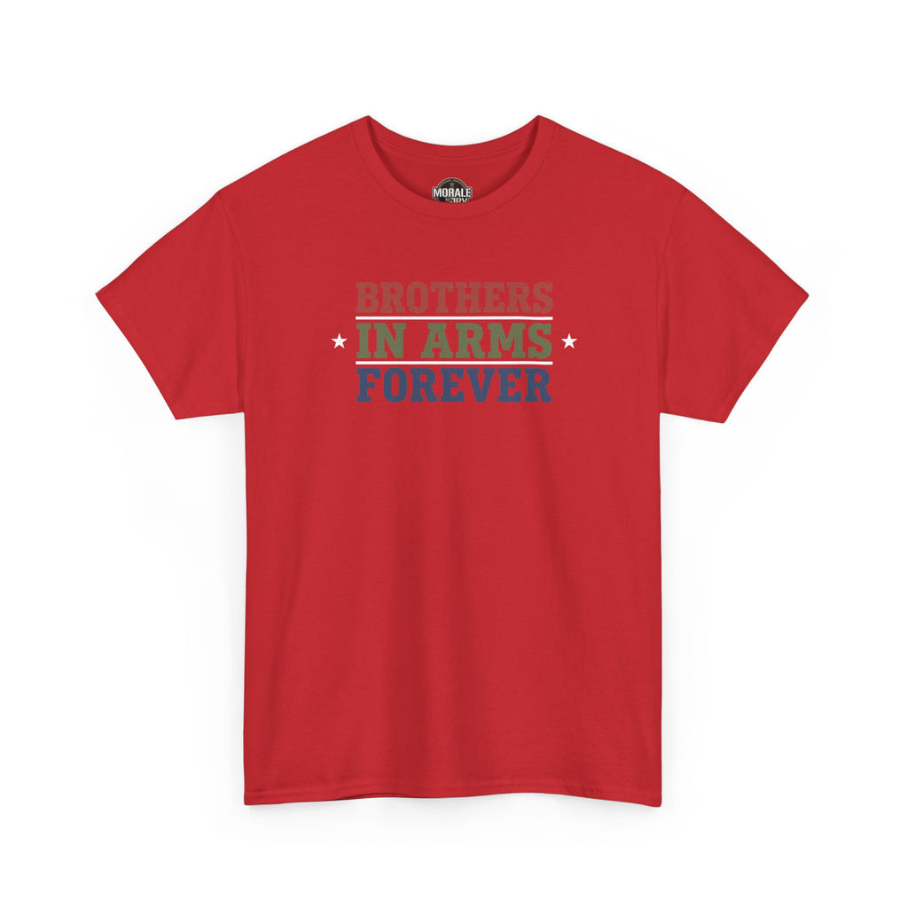 Red T-shirt with front 'BROTHERS IN ARMS FOREVER' retro block text graphic