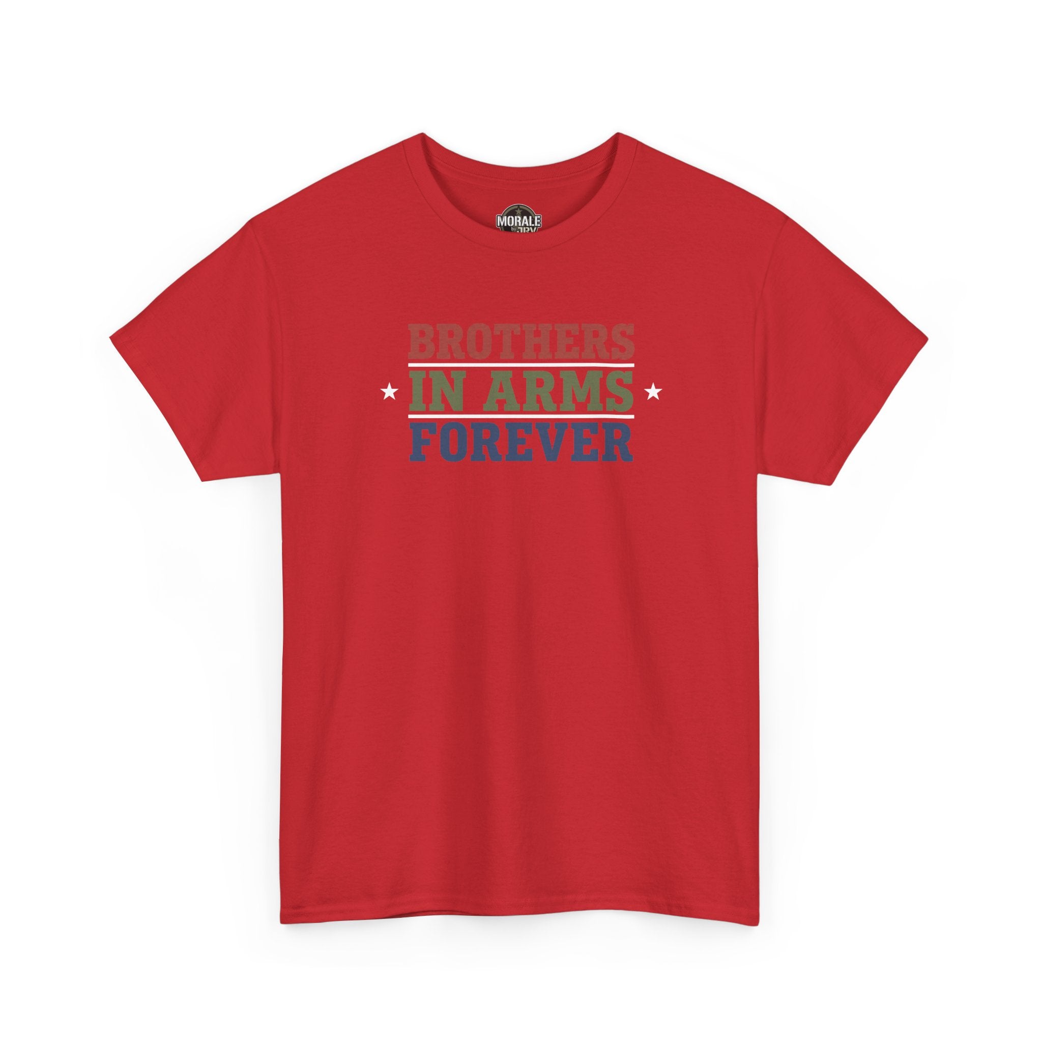 Red T-shirt with front 'BROTHERS IN ARMS FOREVER' retro block text graphic
