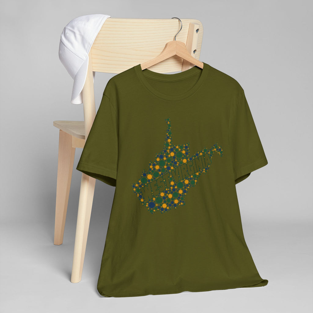 Olive green crewneck T-shirt with colorful West Virginia floral map graphic