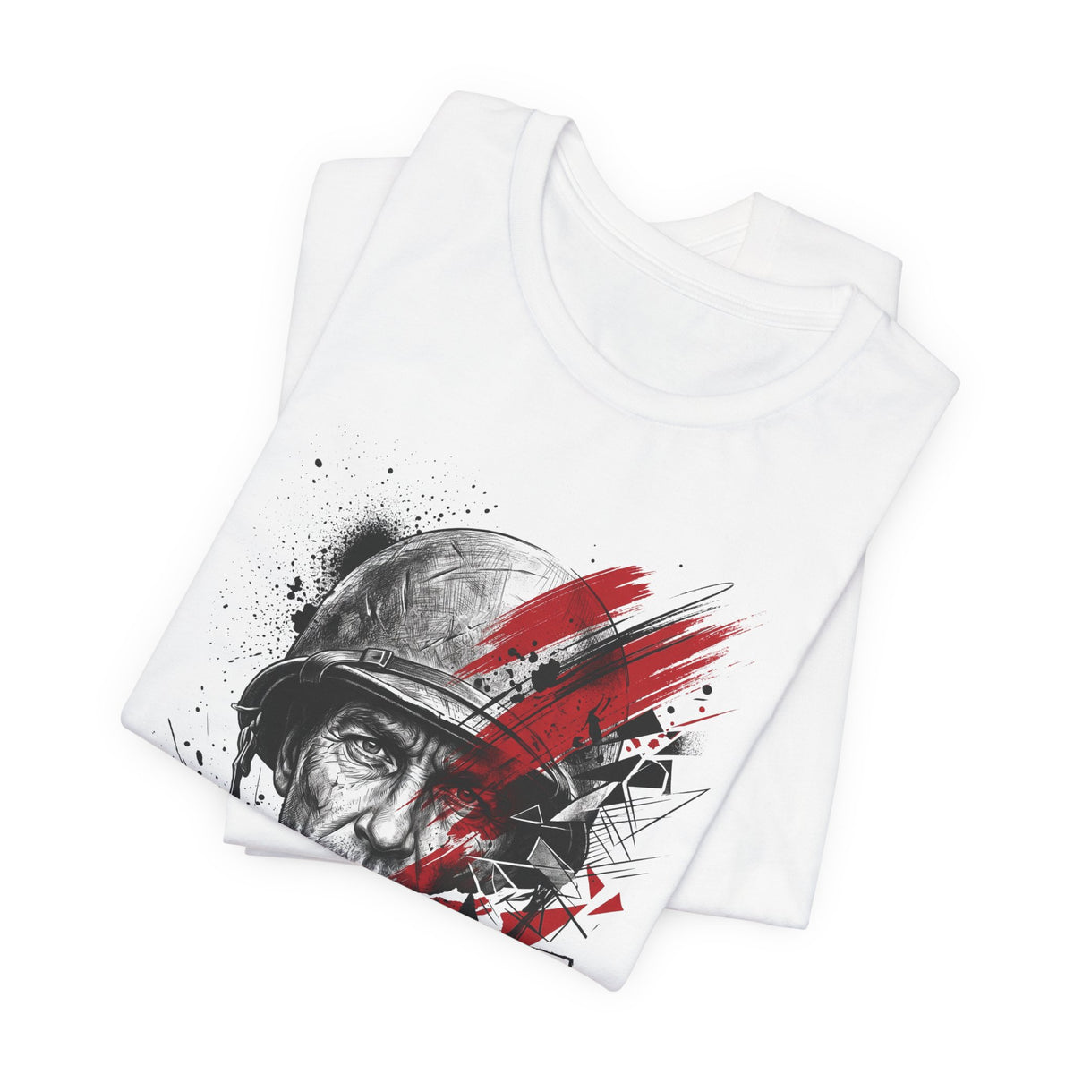 White crew-neck T-shirt stack with WWII veteran portrait graphic in red and gray