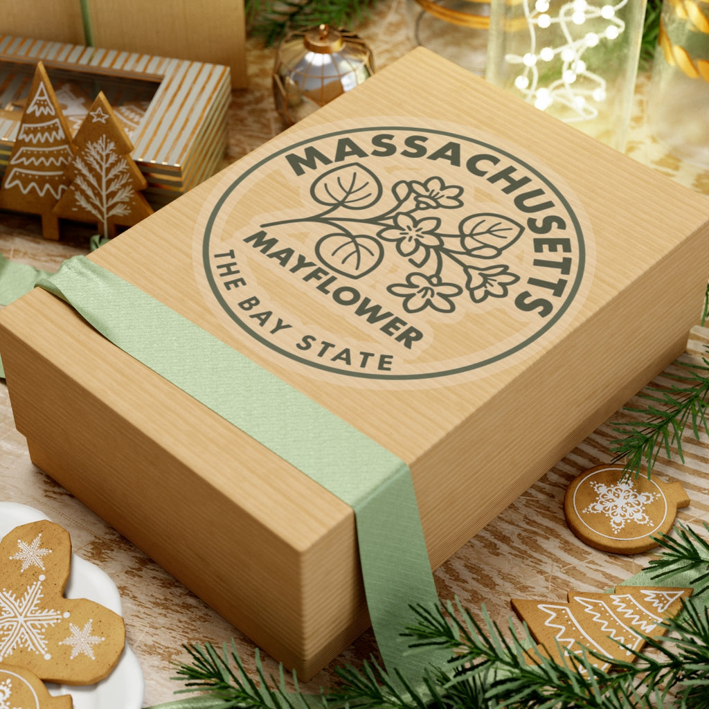 Circular Massachusetts Mayflower floral decal in clear vinyl with green border text