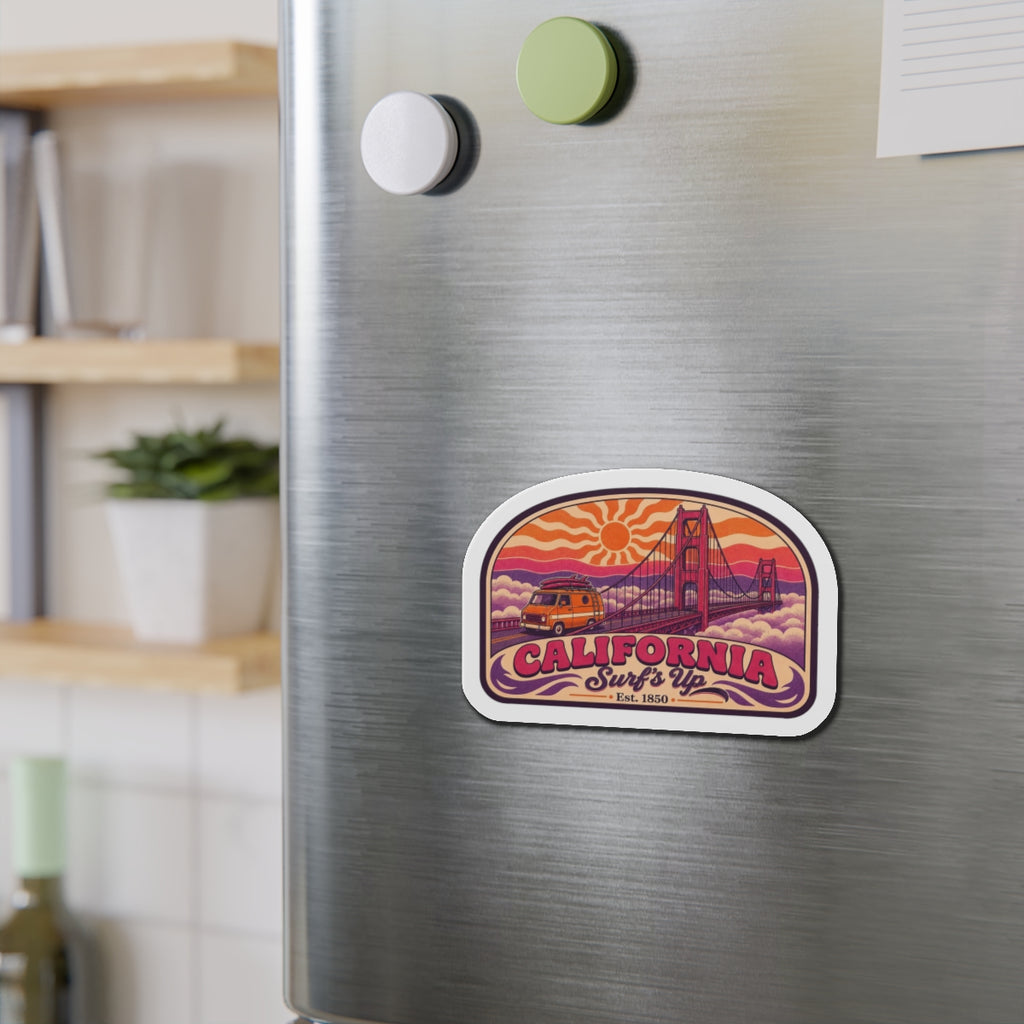 Die-cut California surf magnet with Golden Gate Bridge, orange van, and sunset waves