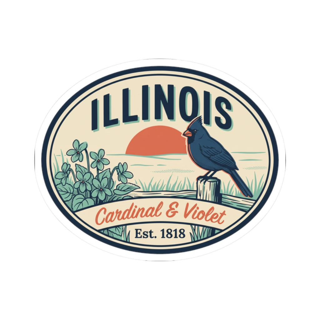 Oval vinyl sticker decal with Illinois title, cardinal bird, and Cardinal & Violet ribbon