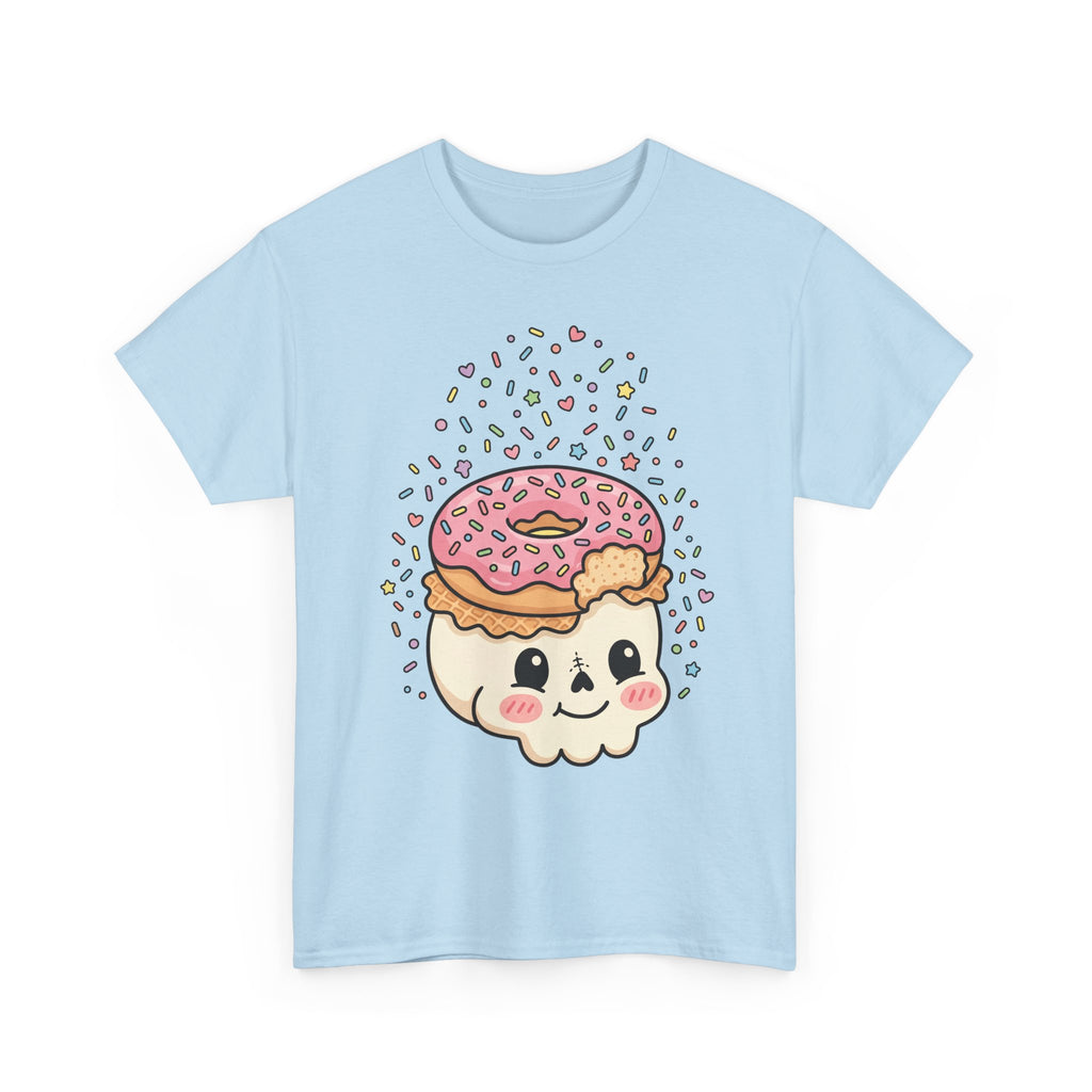 Light Blue T-shirt with cute donut skull graphic, sprinkles and heart details