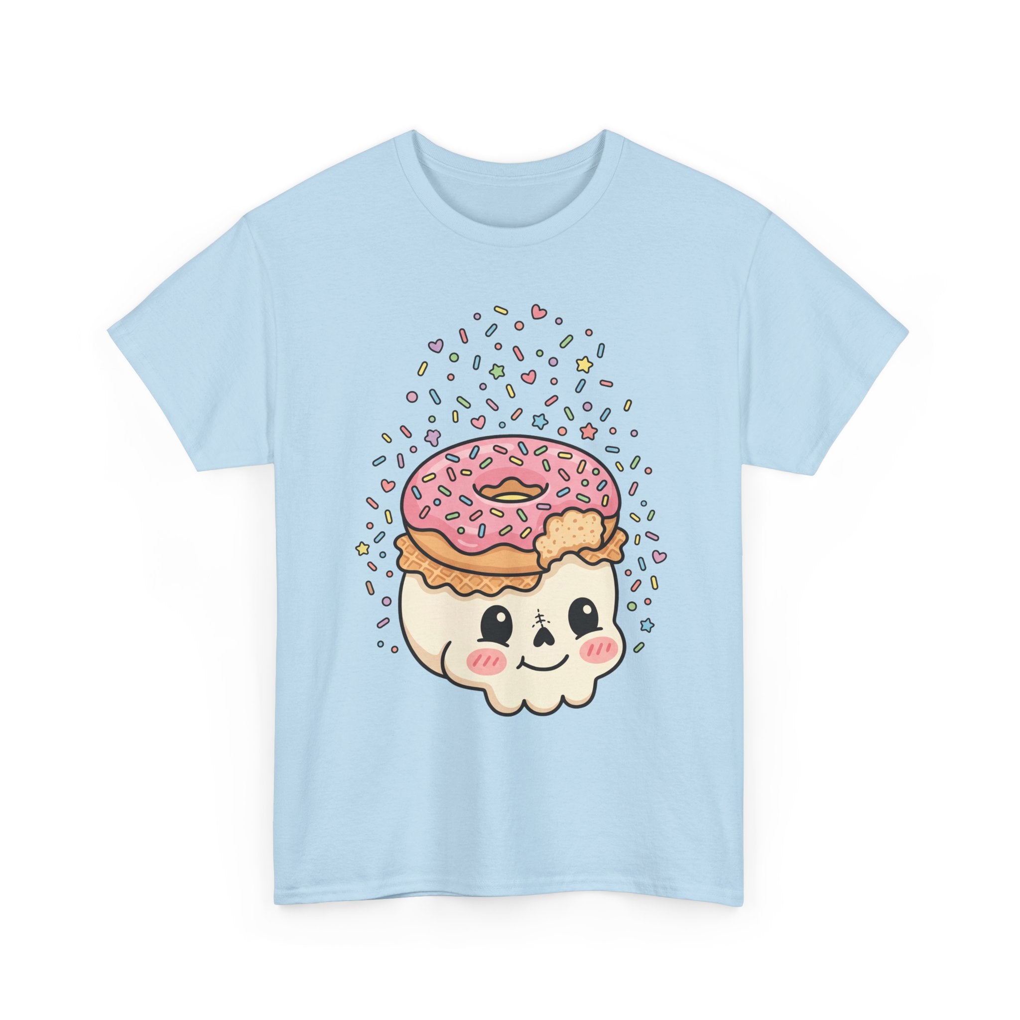 Light Blue T-shirt with cute donut skull graphic, sprinkles and heart details