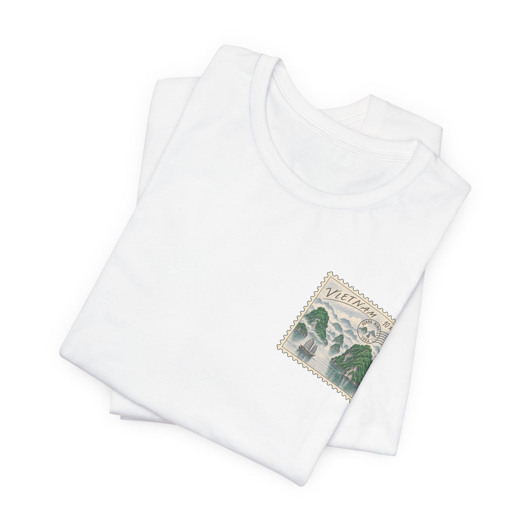 Folded white short-sleeve T-shirt with postage-stamp style graphic on the chest
