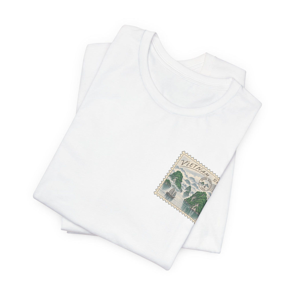 Folded white short-sleeve T-shirt with postage-stamp style graphic on the chest