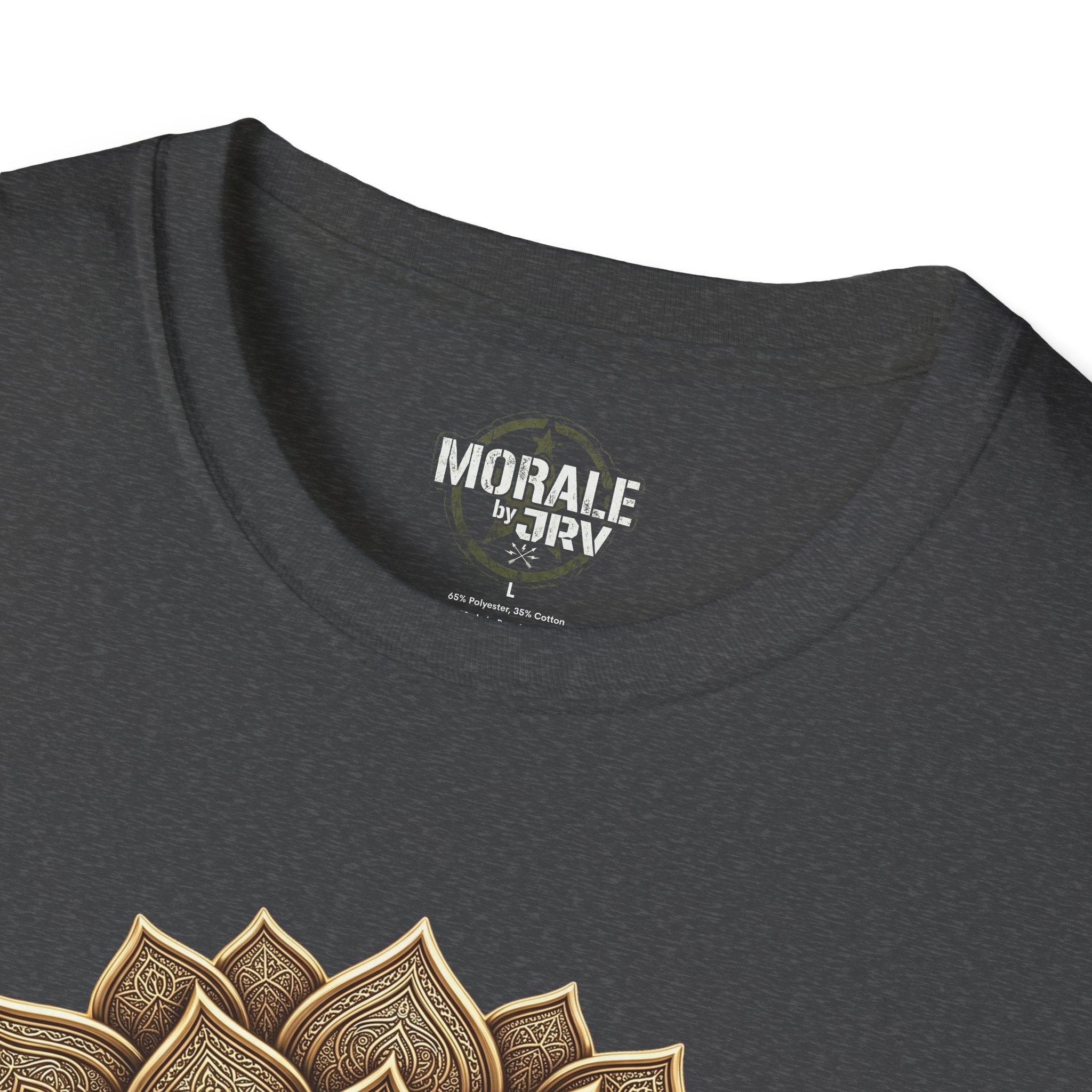 Dark heather gray crew-neck T-shirt, collar logo and "100% Cotton"