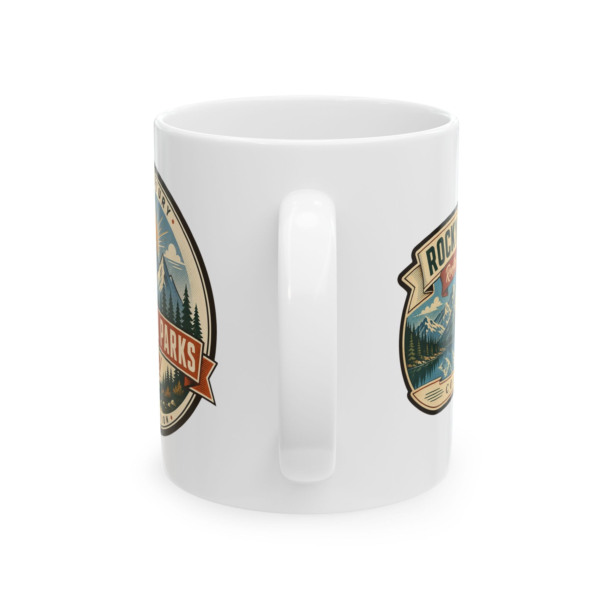 White ceramic coffee mug showing handle opening and Rocky Mountain emblem on side