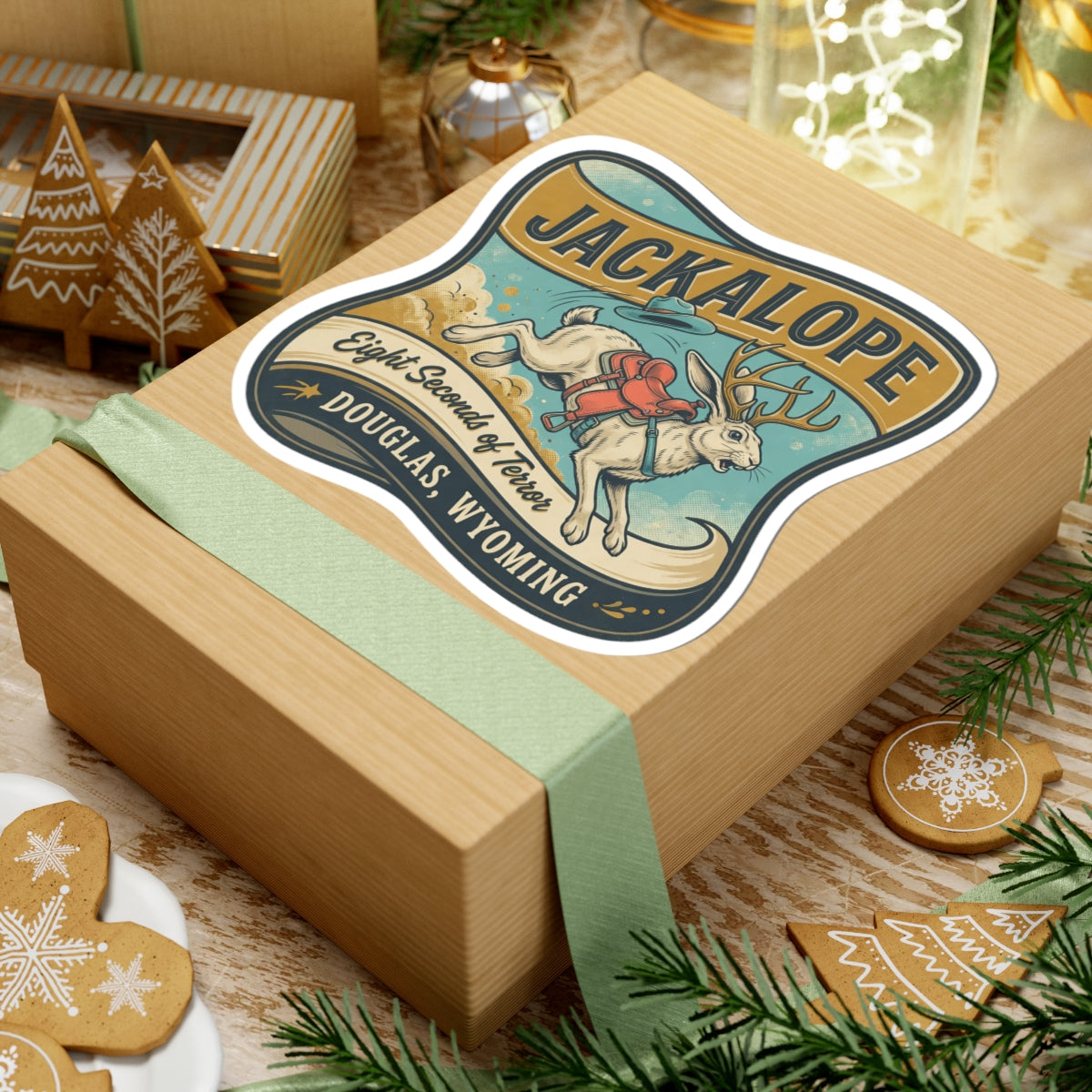Jackalope sticker on gift wrap, featuring illustrated jackalope and “DOUGLAS, WYOMING”