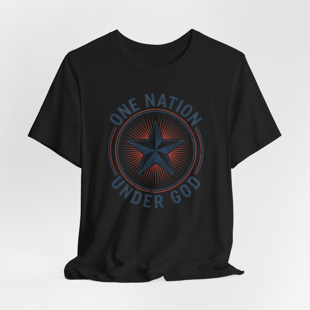 Black short-sleeve T-shirt with circular star graphic reading 'ONE NATION UNDER GOD'