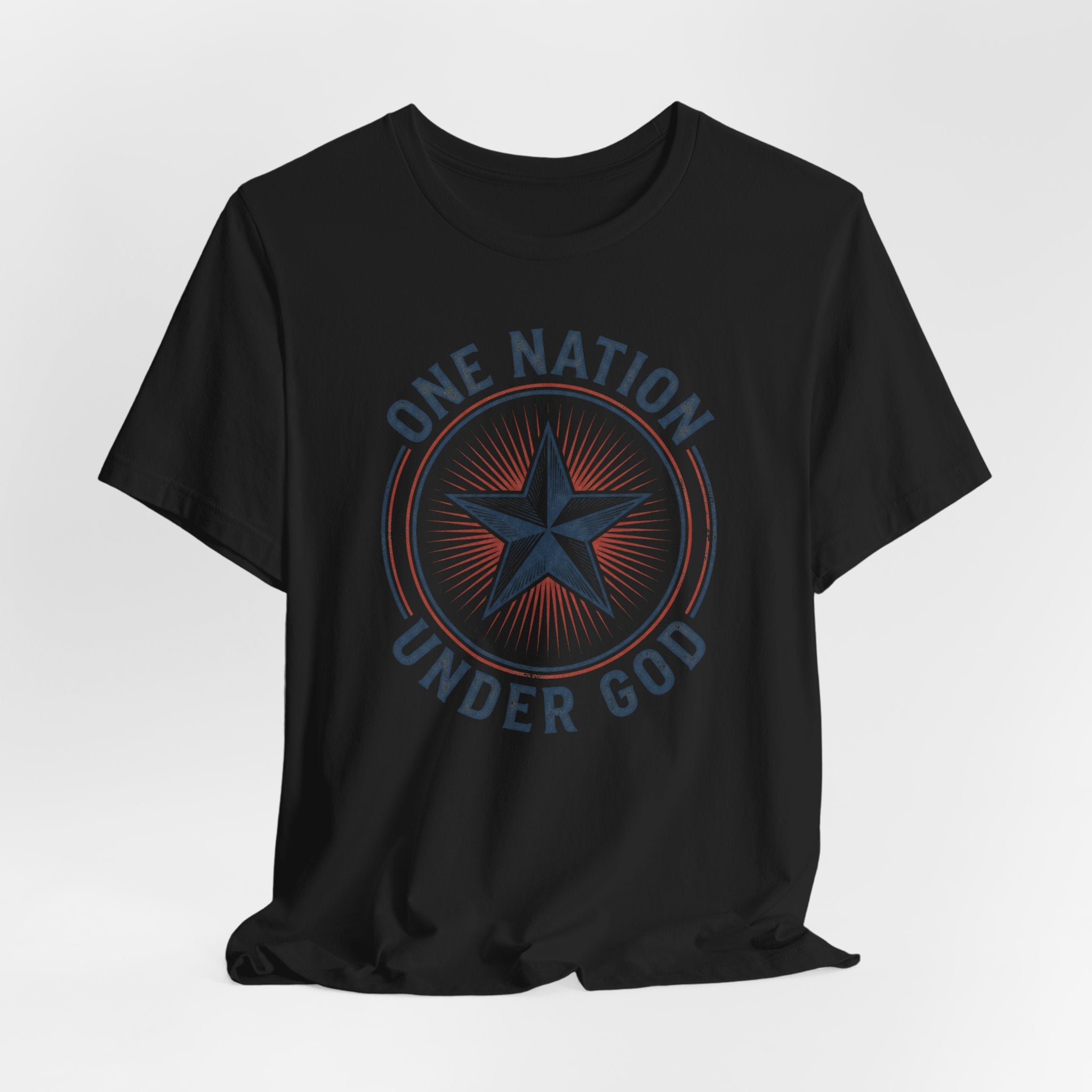 Black short-sleeve T-shirt with circular star graphic reading 'ONE NATION UNDER GOD'
