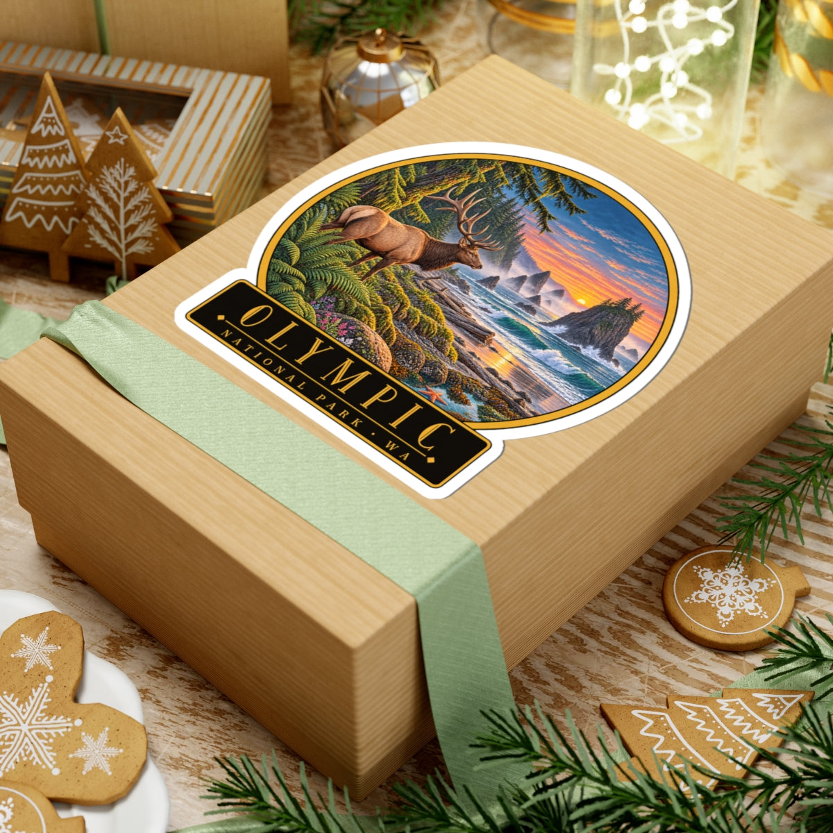 Round elk-and-coast sunset sticker with Olympic National Park WA text, kiss-cut