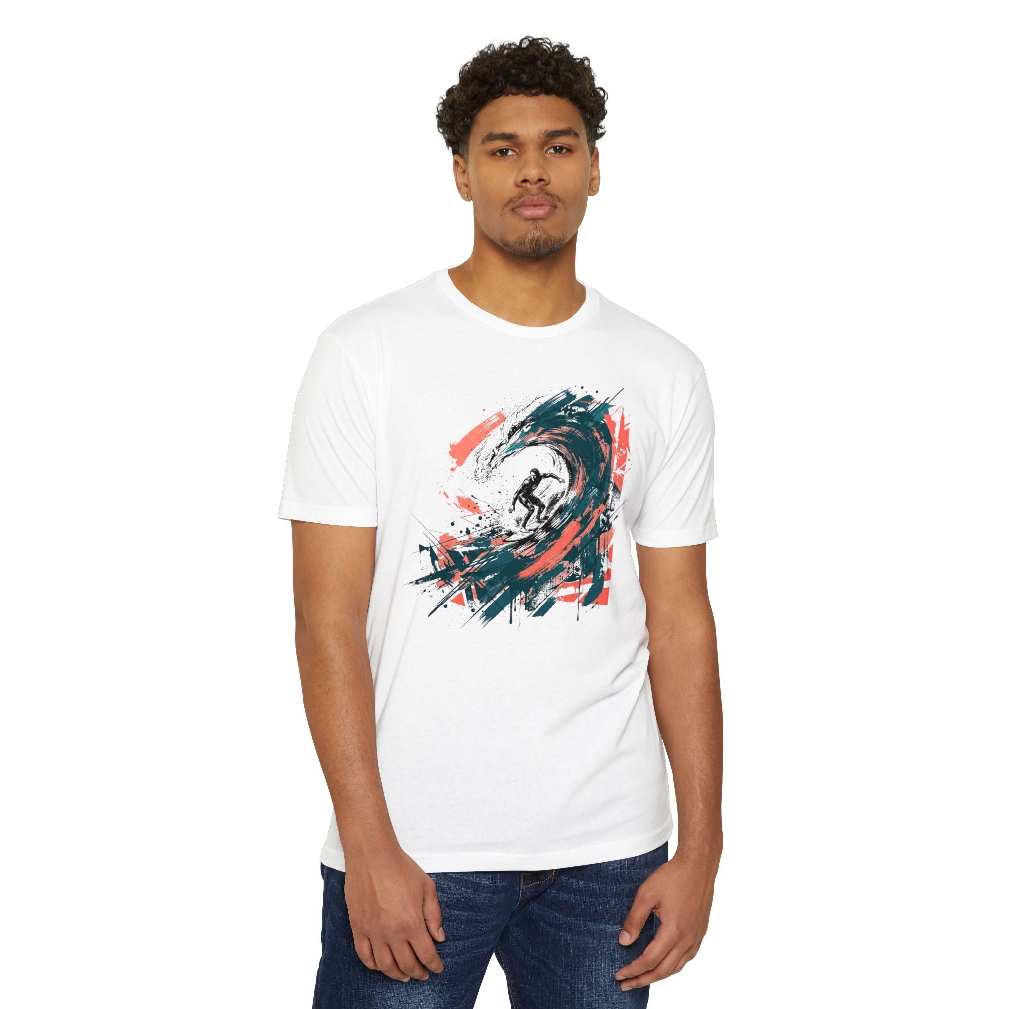White crewneck T-shirt with abstract wave paintbrush graphic on chest