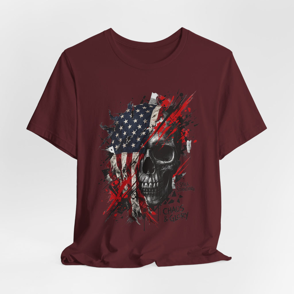 Maroon crewneck T-shirt with American flag skull graphic and red/black distressed print