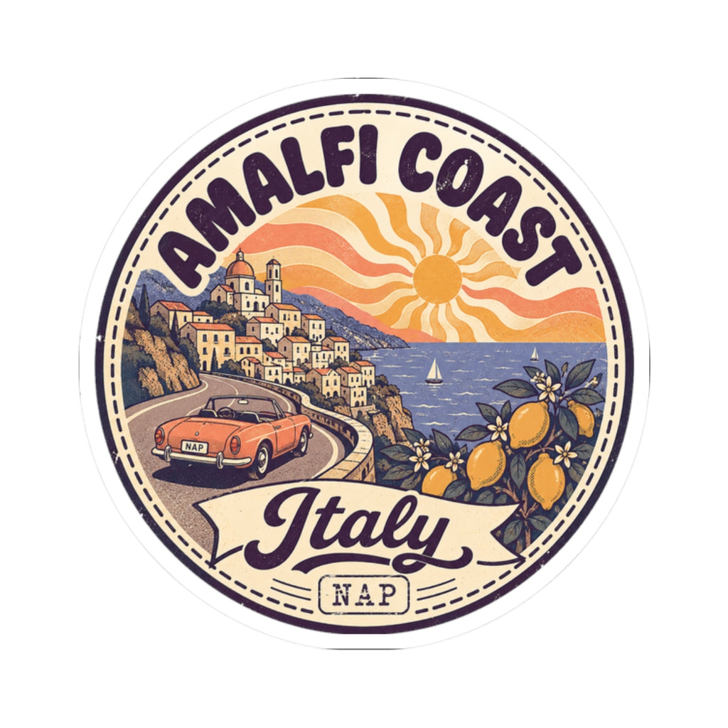 Round Amalfi Coast Italy sticker with “Italy” banner, lemons, and coastal village scene