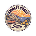 Round Amalfi Coast Italy sticker with “Italy” banner, lemons, and coastal village scene