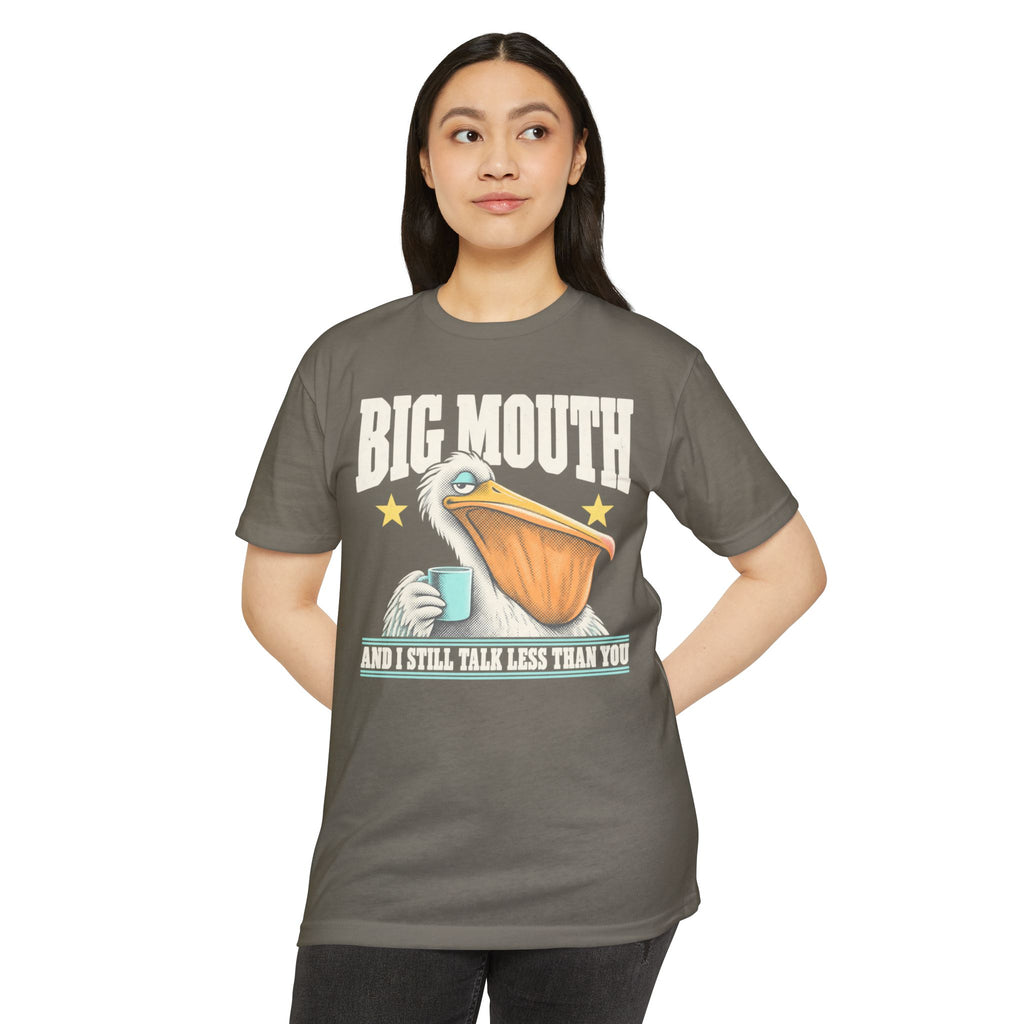 Women's gray graphic T-shirt with pelican coffee cup and star text print