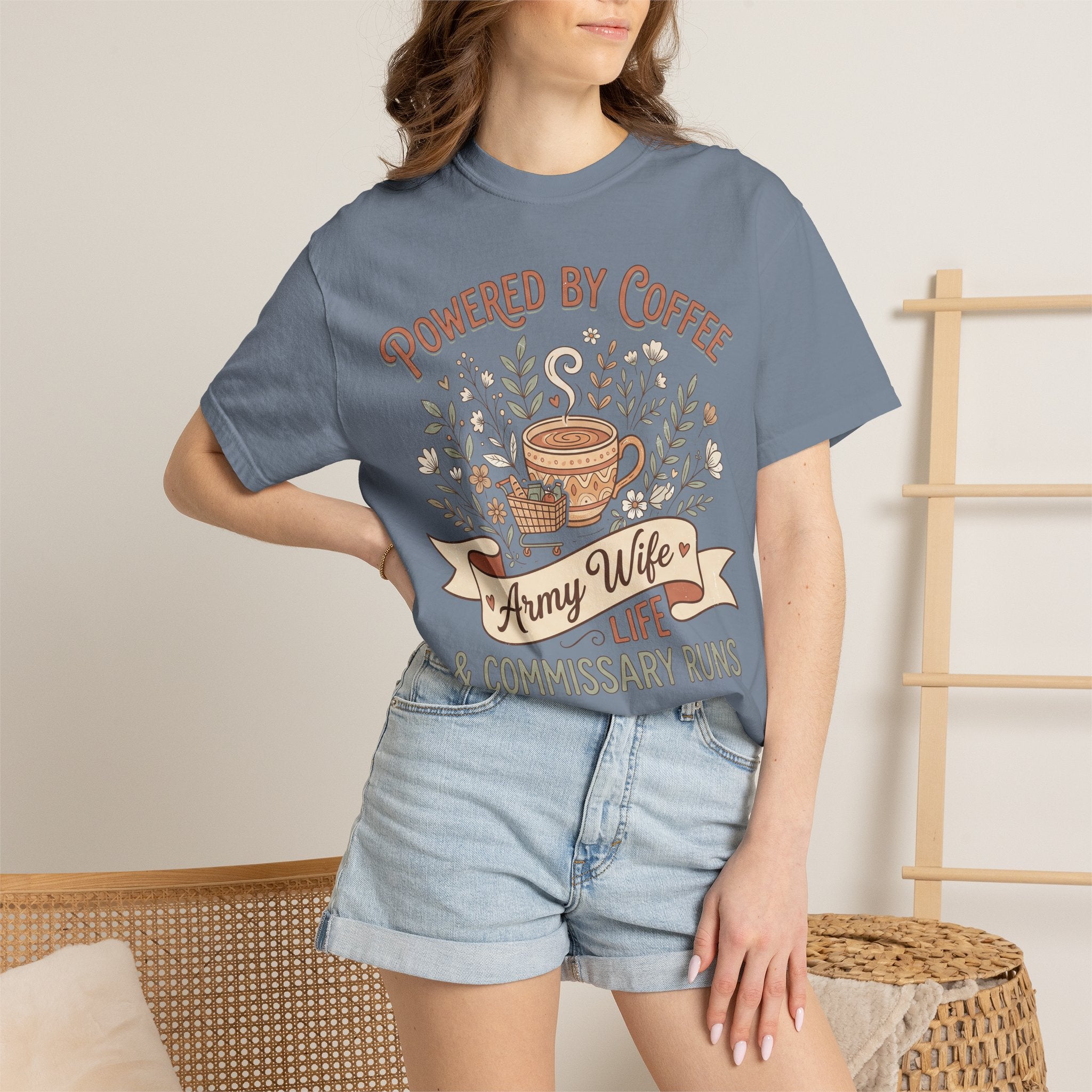 Blue T-shirt with "Powered by Coffee" floral and coffee cup graphic