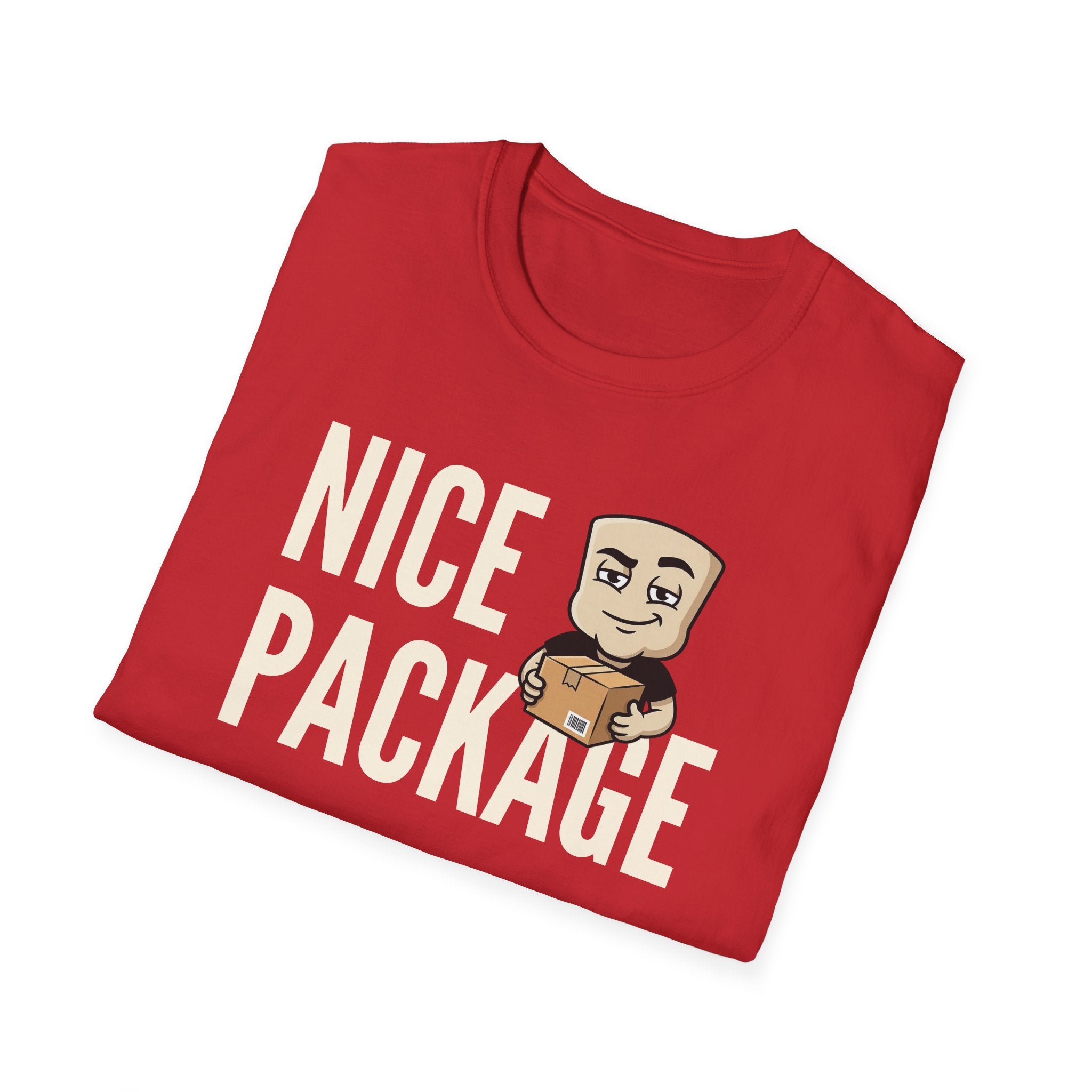 Red T-shirt with 'NICE PACKAGE' text and cartoon delivery worker holding a box.