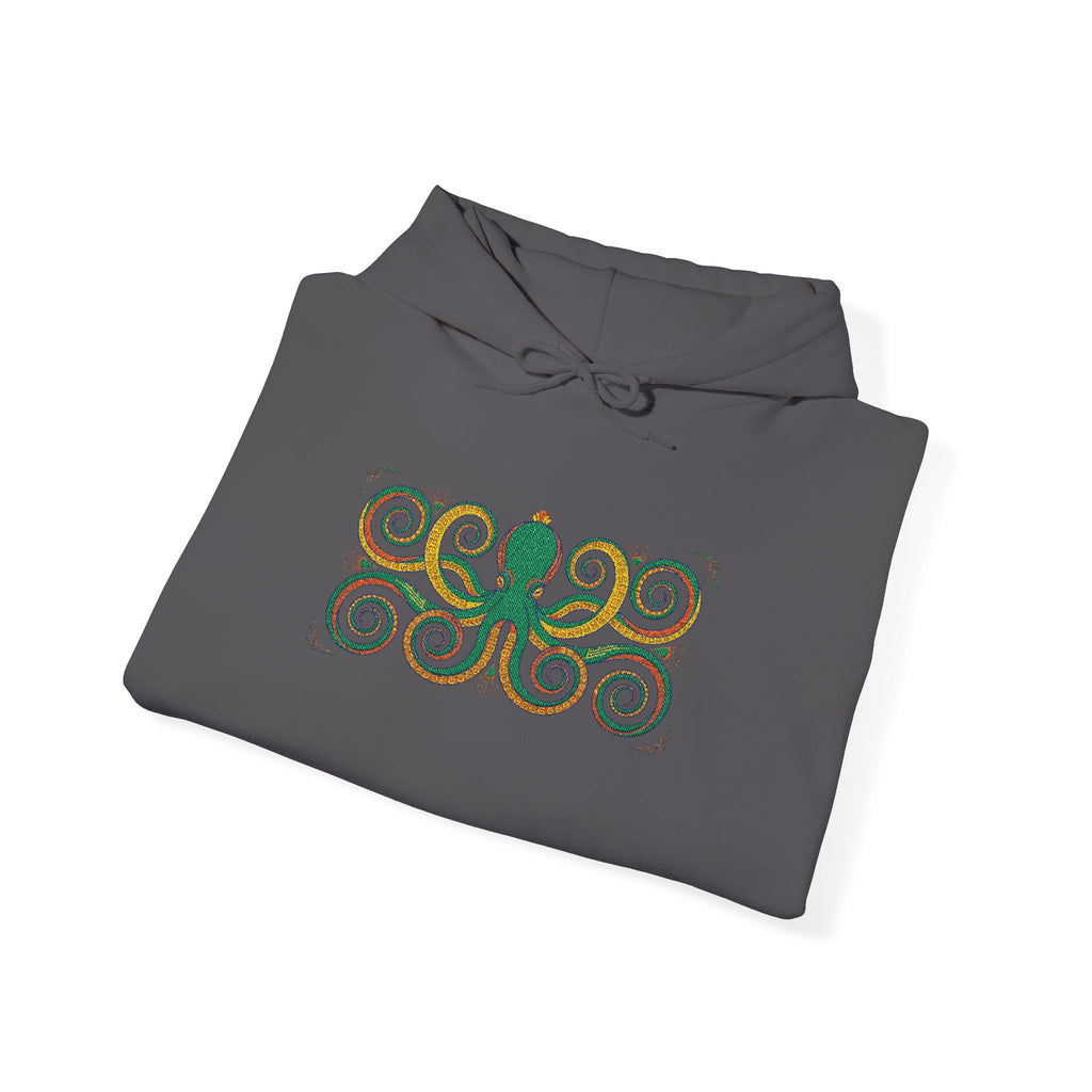 Dark charcoal hoodie with colorful octopus spiral front graphic